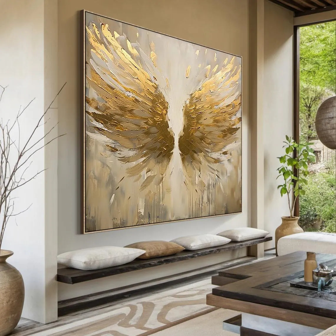 Seraphim Wings – Modern Luxury Gold Impasto Abstract Painting | High-End Textured Hallway Art