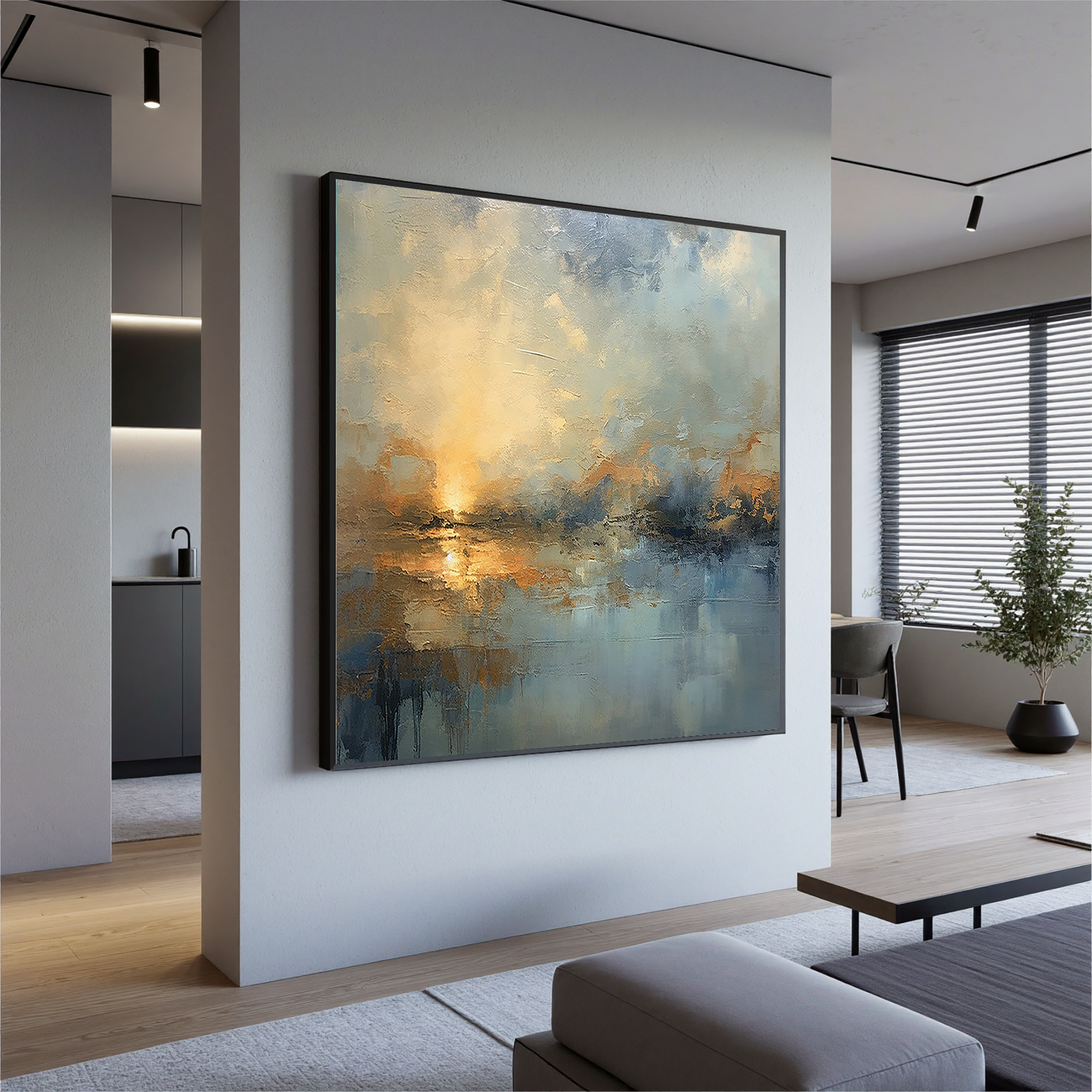 Dawn of Serenity – Modern Impressionist Blue & Gold Painting | Abstract Landscape Dining Room Art