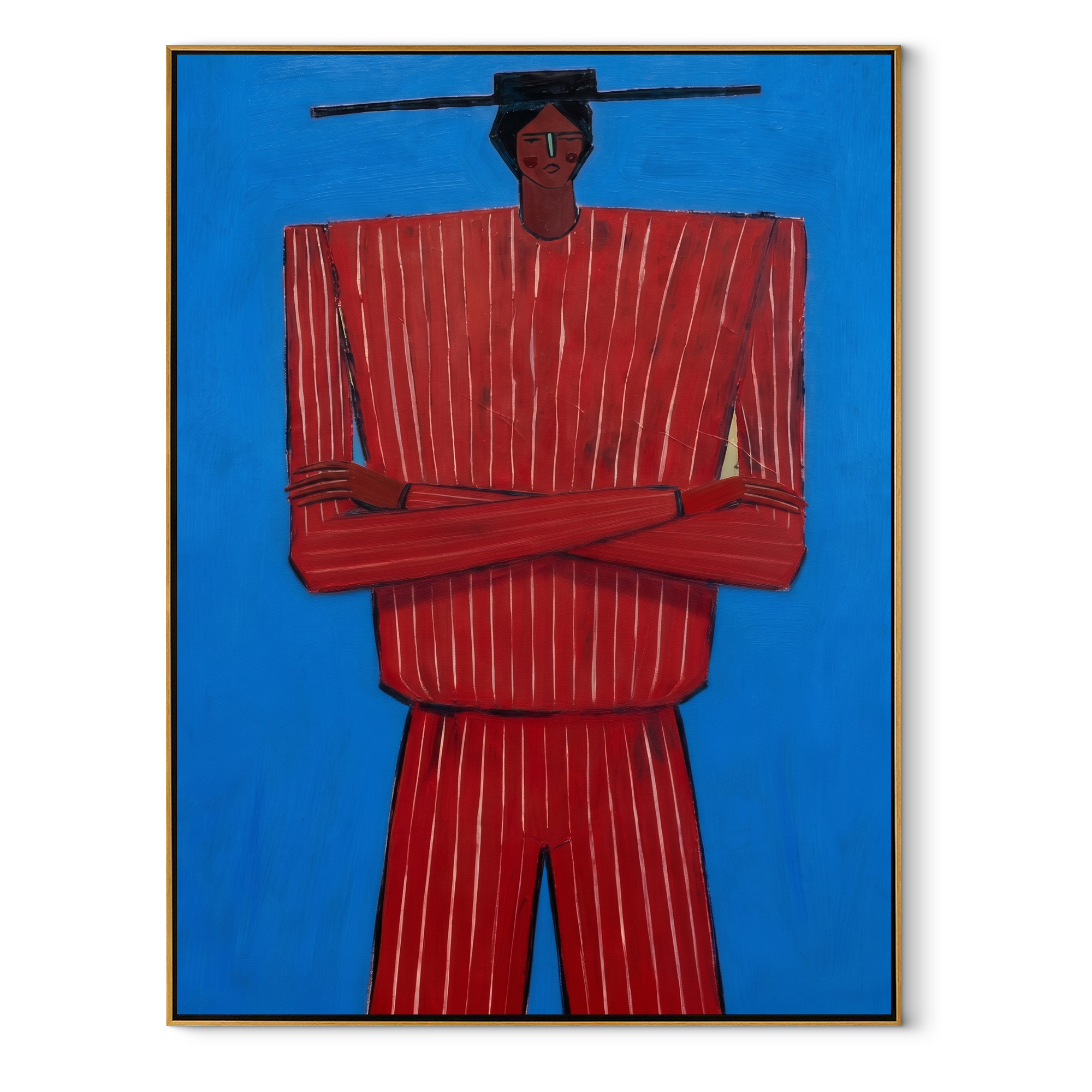 Blue Holds Crimson Still abstract figurative textured painting, vertical canvas artwork