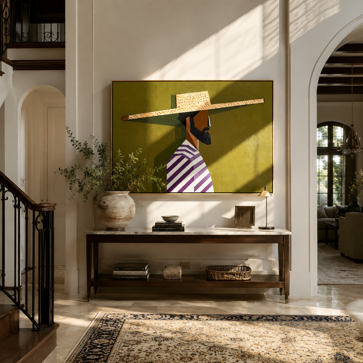 Straw Brim Crosses Olive styled with neutral modern furnishings