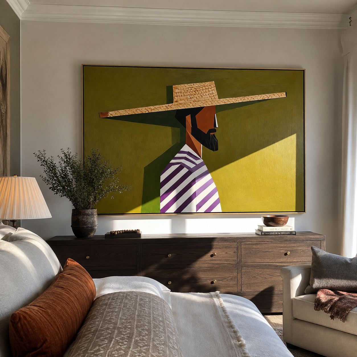 Straw Brim Crosses Olive displayed as a modern room focal point