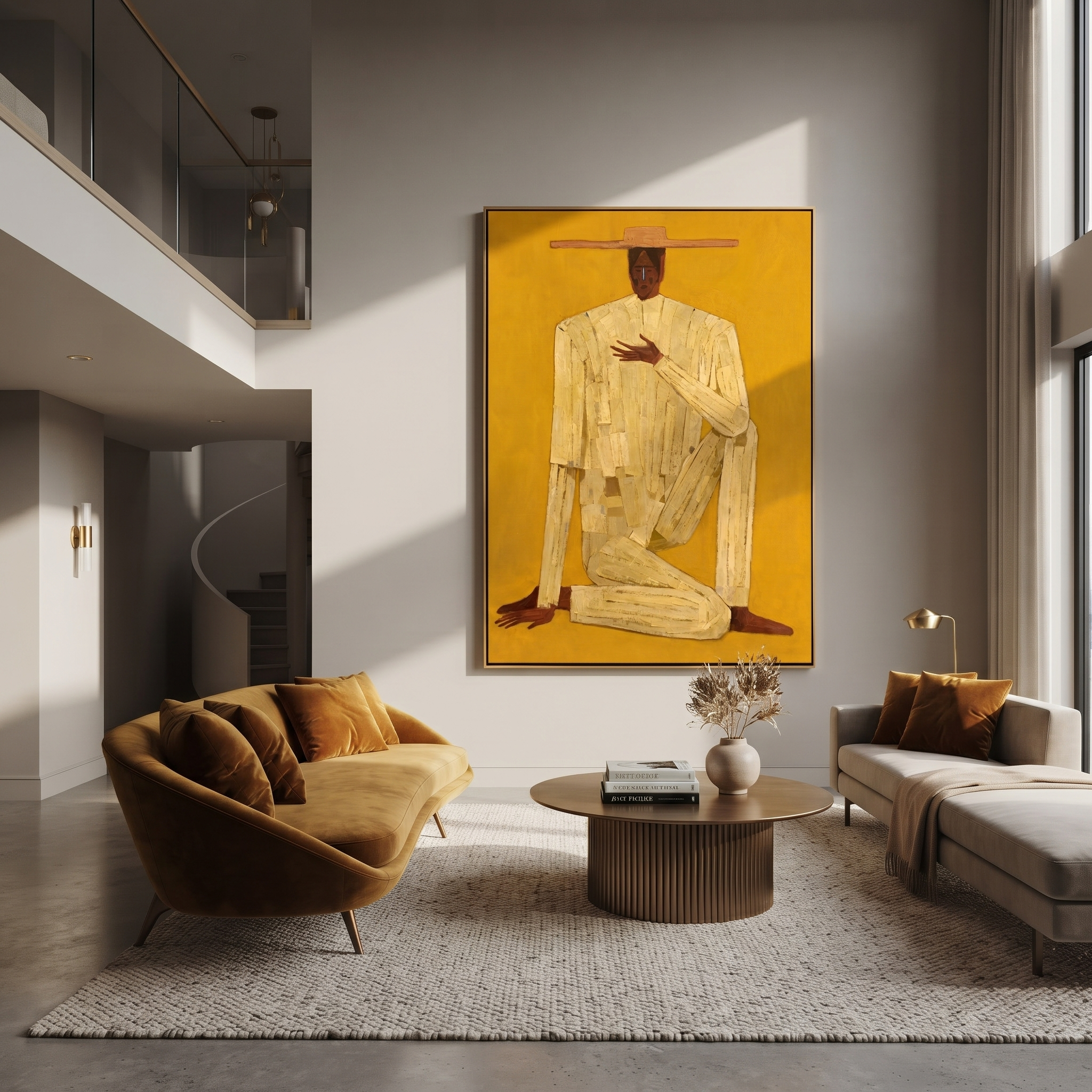 Golden Stillness Kneels Down styled with neutral modern furnishings