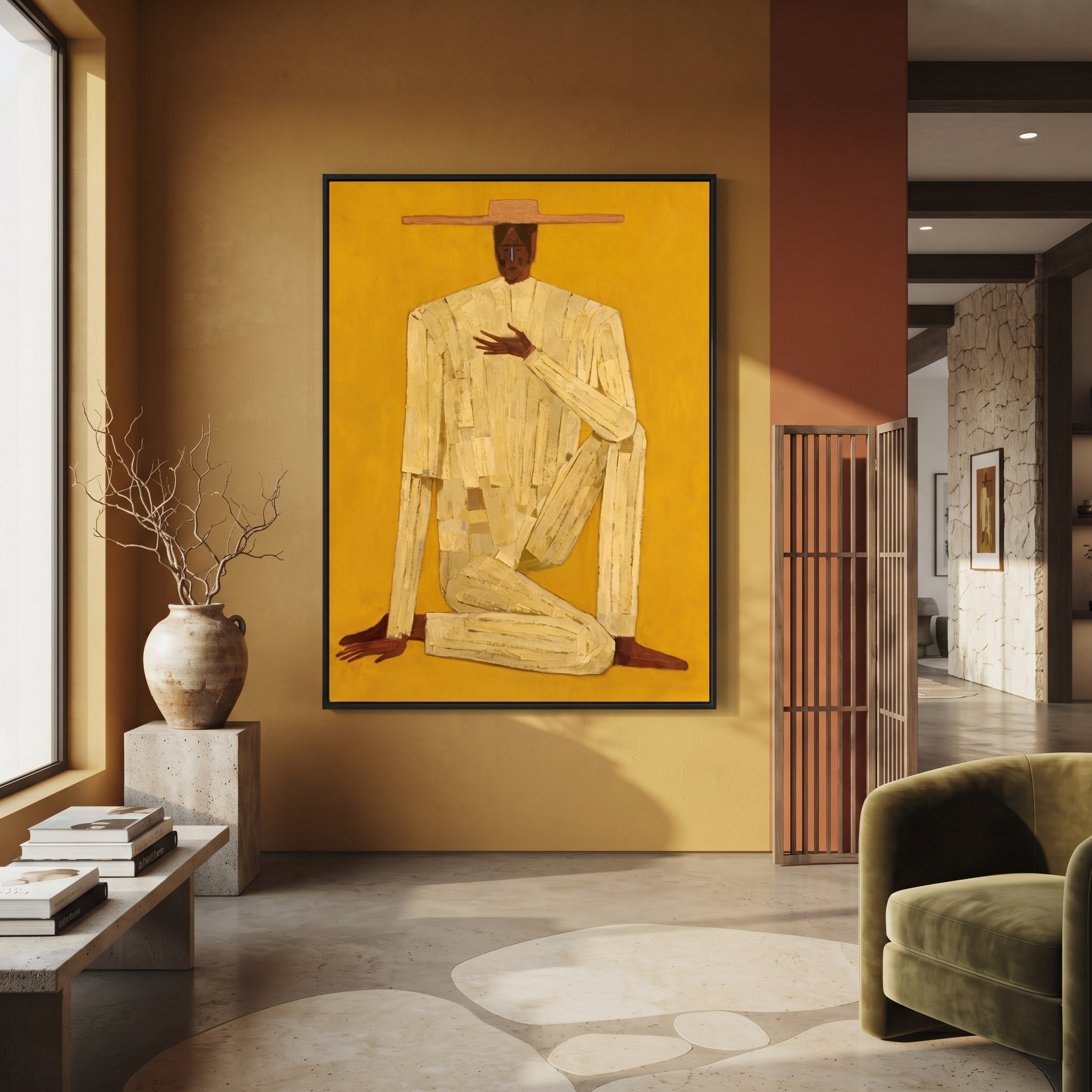 Golden Stillness Kneels Down presented above a contemporary console