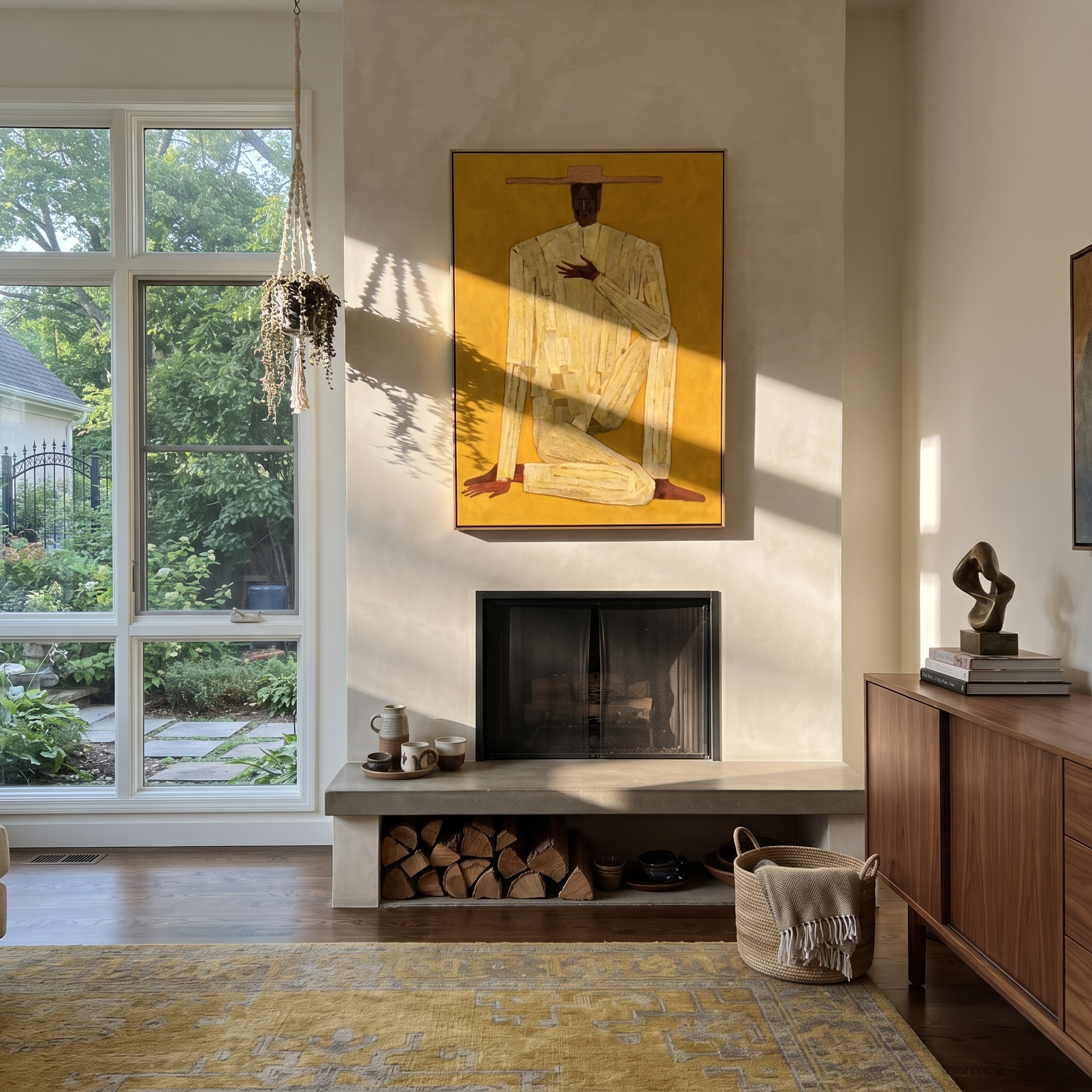 Golden Stillness Kneels Down styled in a layered residential interior