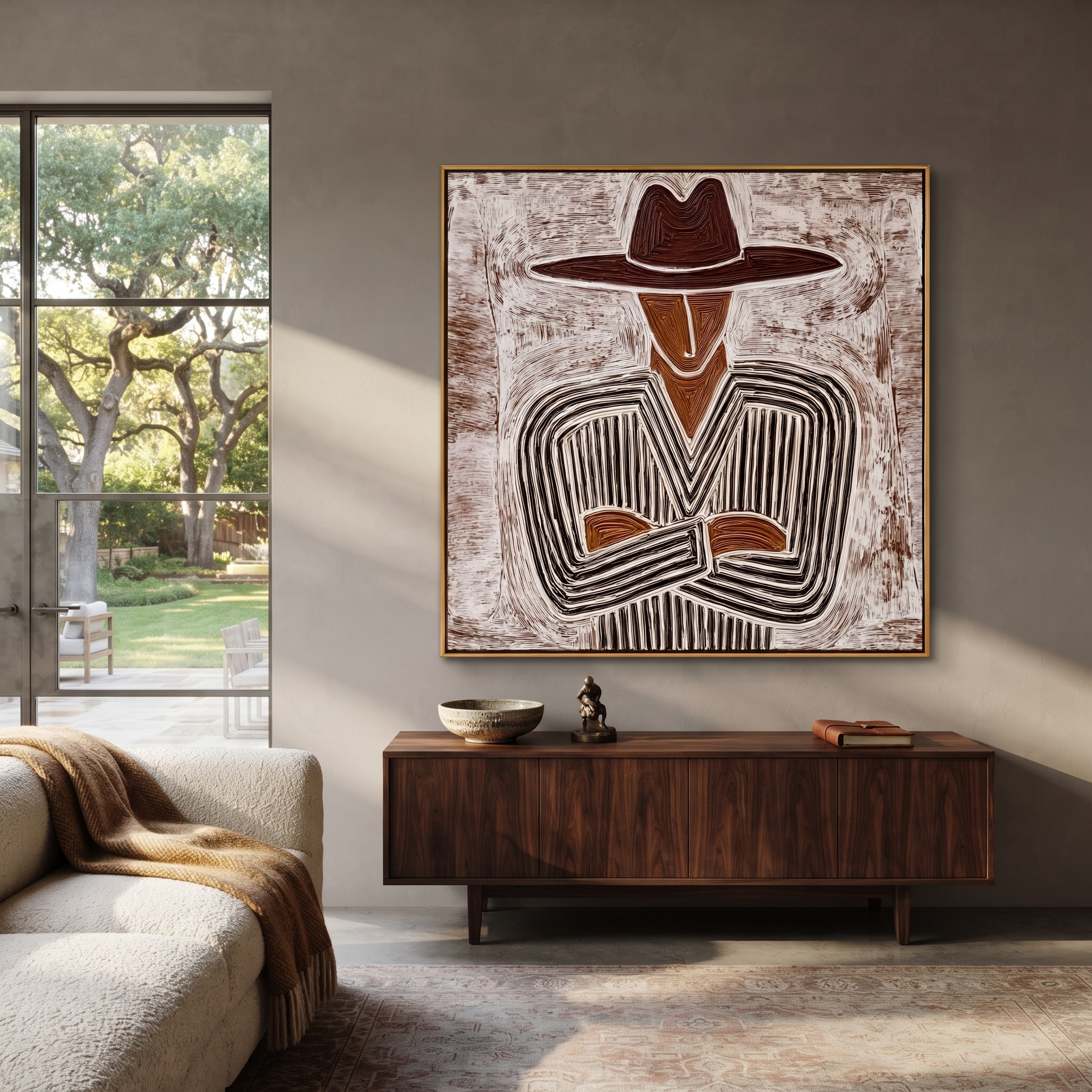 Etched Lines Fold Inward displayed in a warm contemporary interior