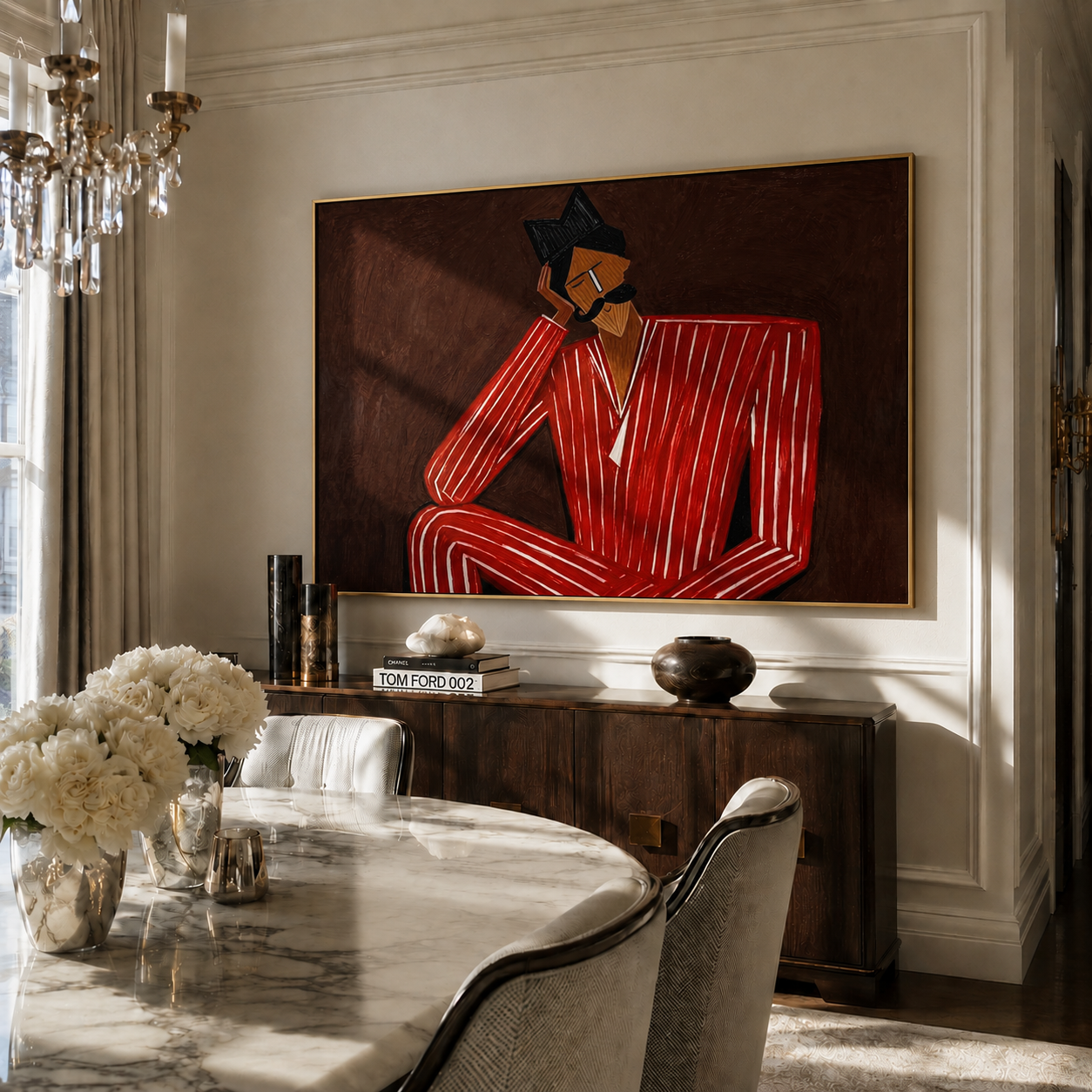 Crimson Thought Leans Back displayed in a warm contemporary interior