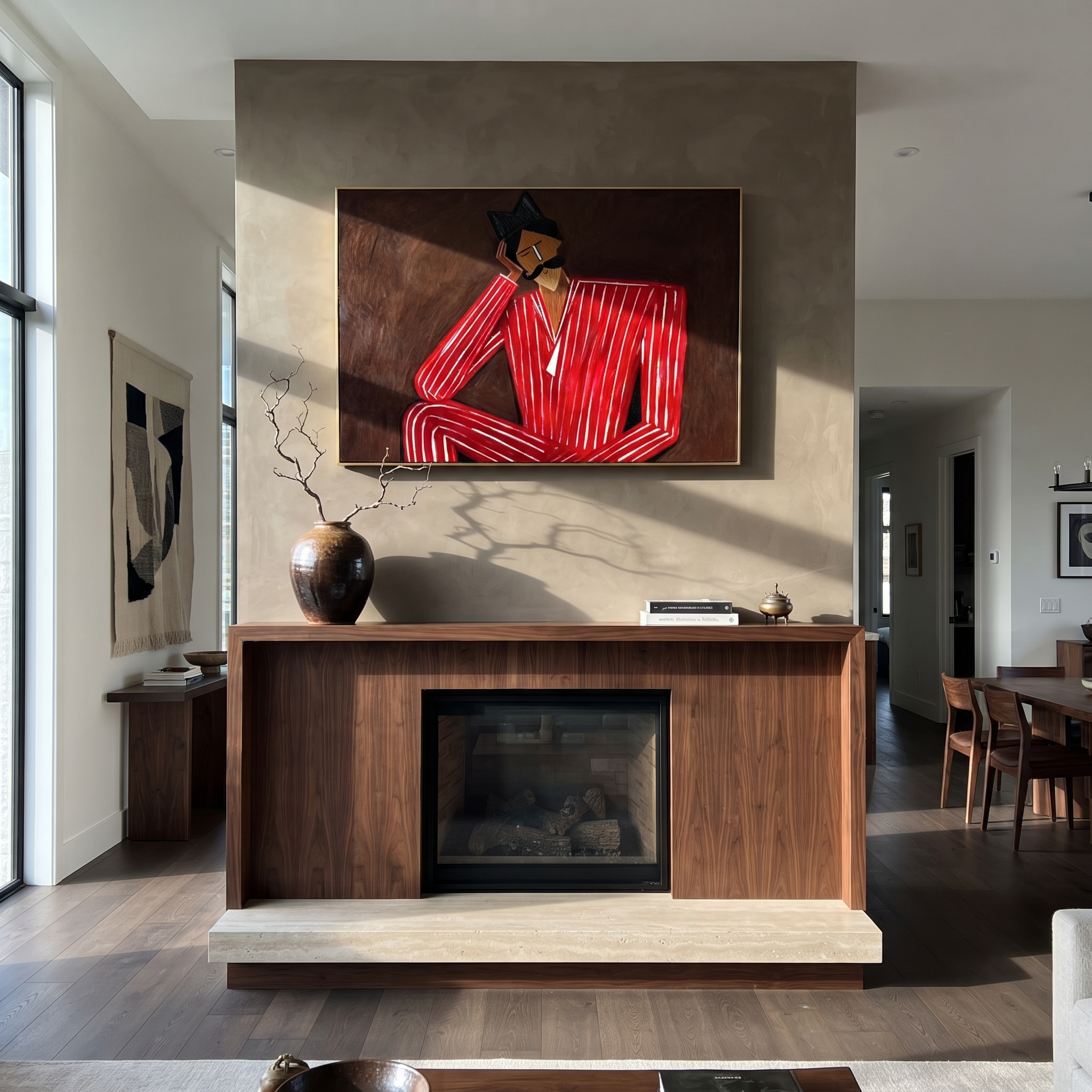 Crimson Thought Leans Back presented above a contemporary console
