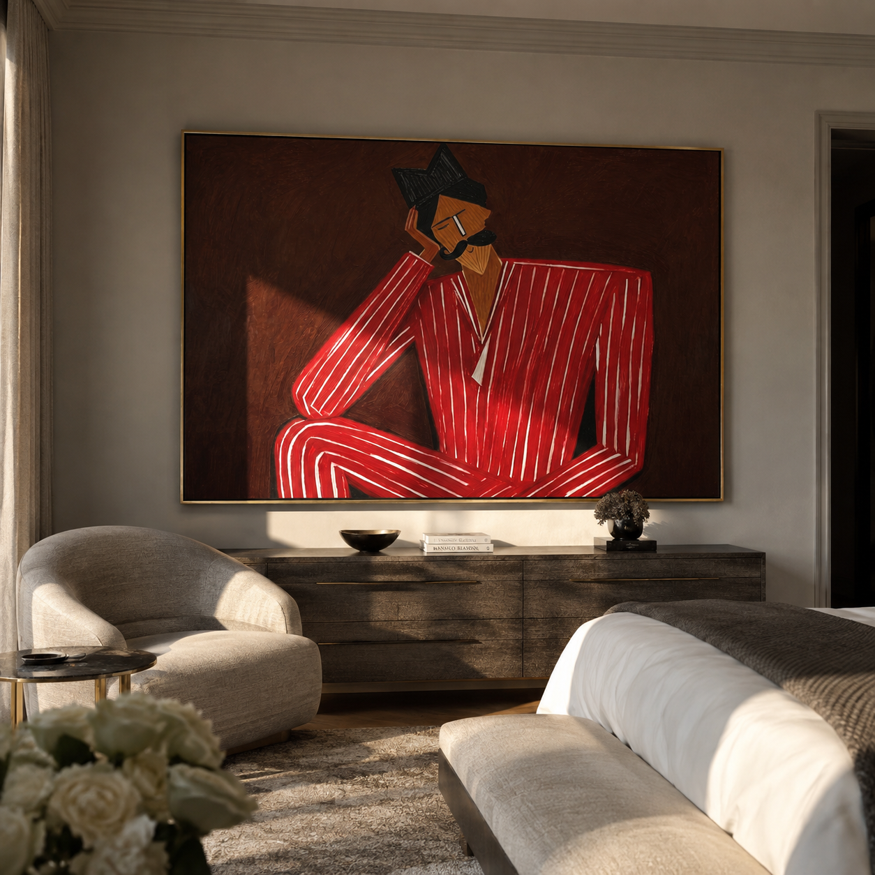 Crimson Thought Leans Back displayed as a modern room focal point