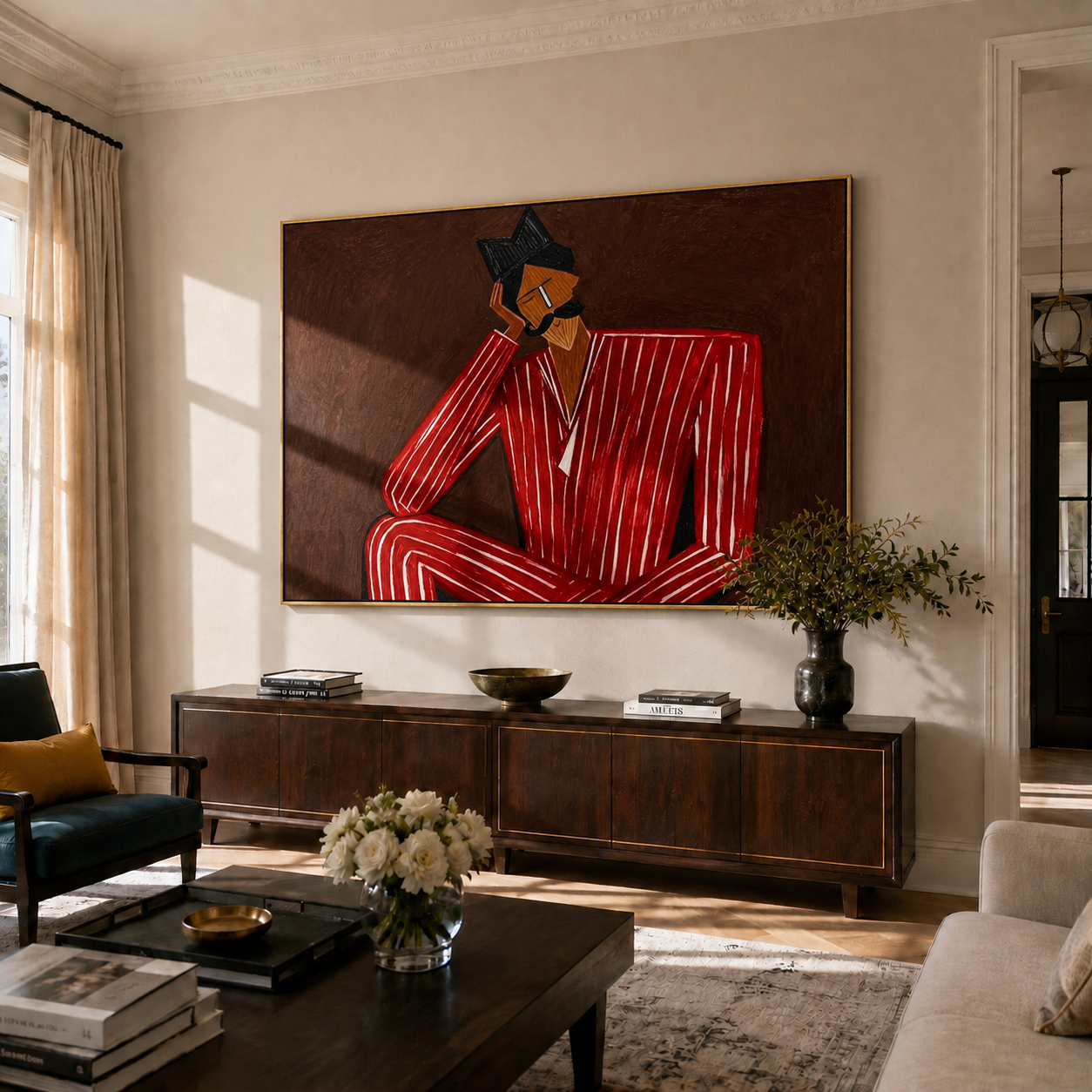 Crimson Thought Leans Back styled in a layered residential interior