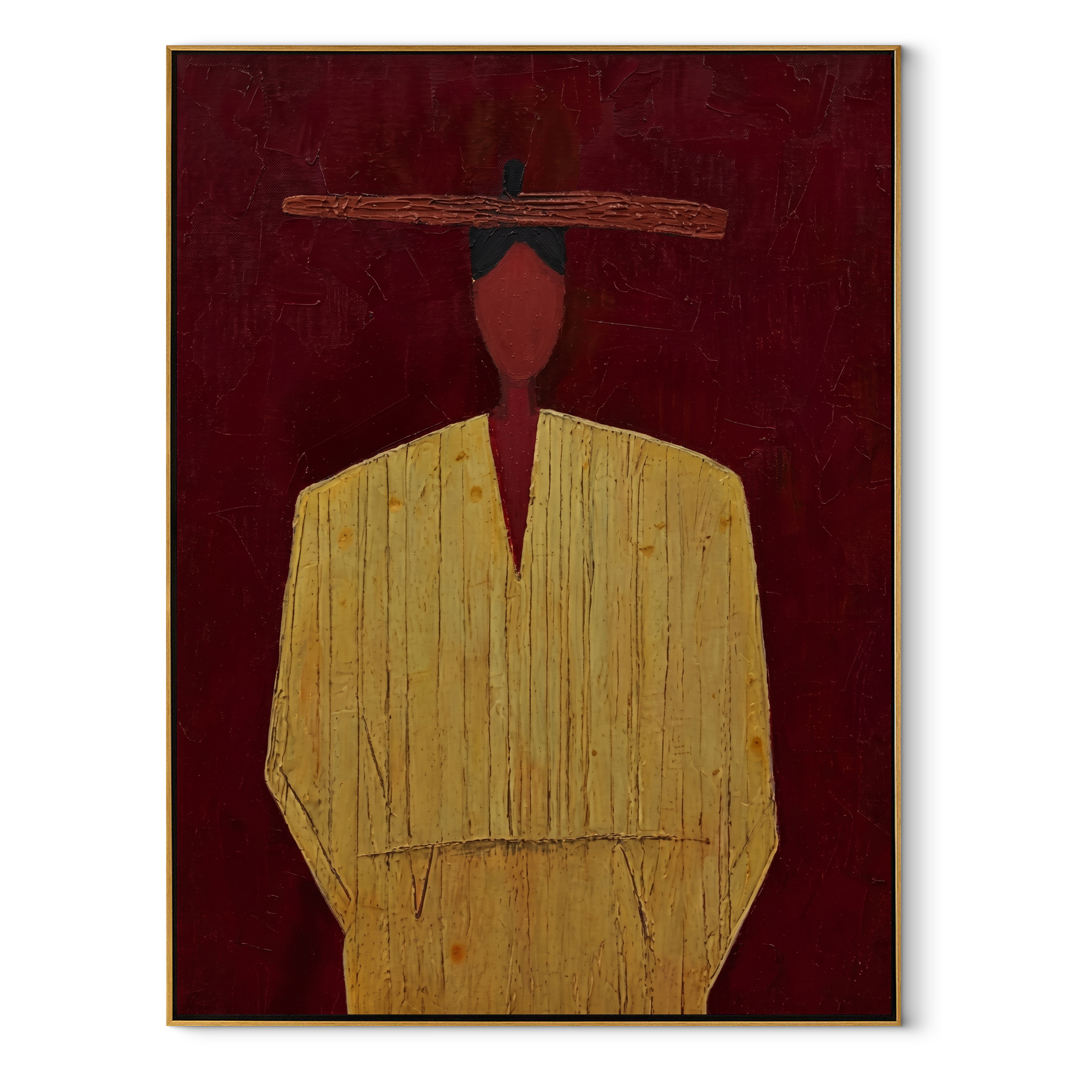 Red Brim Floats Quietly abstract figurative textured painting, vertical canvas artwork