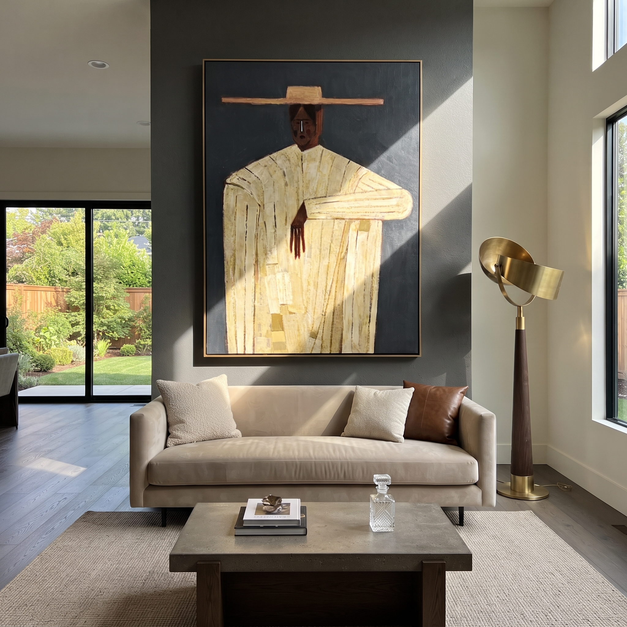 White Geometry Holds Blue displayed in a warm contemporary interior