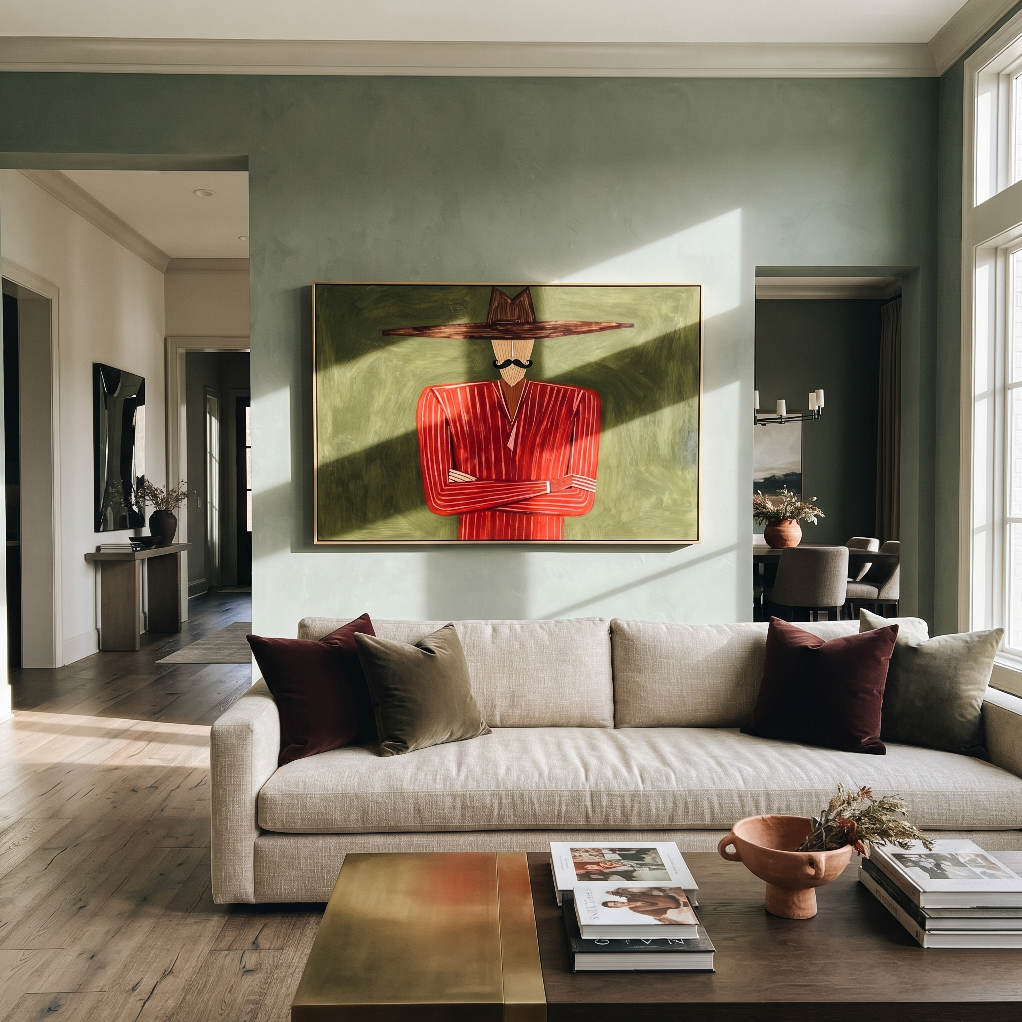 Scarlet Arms Hold Olive presented above a contemporary console