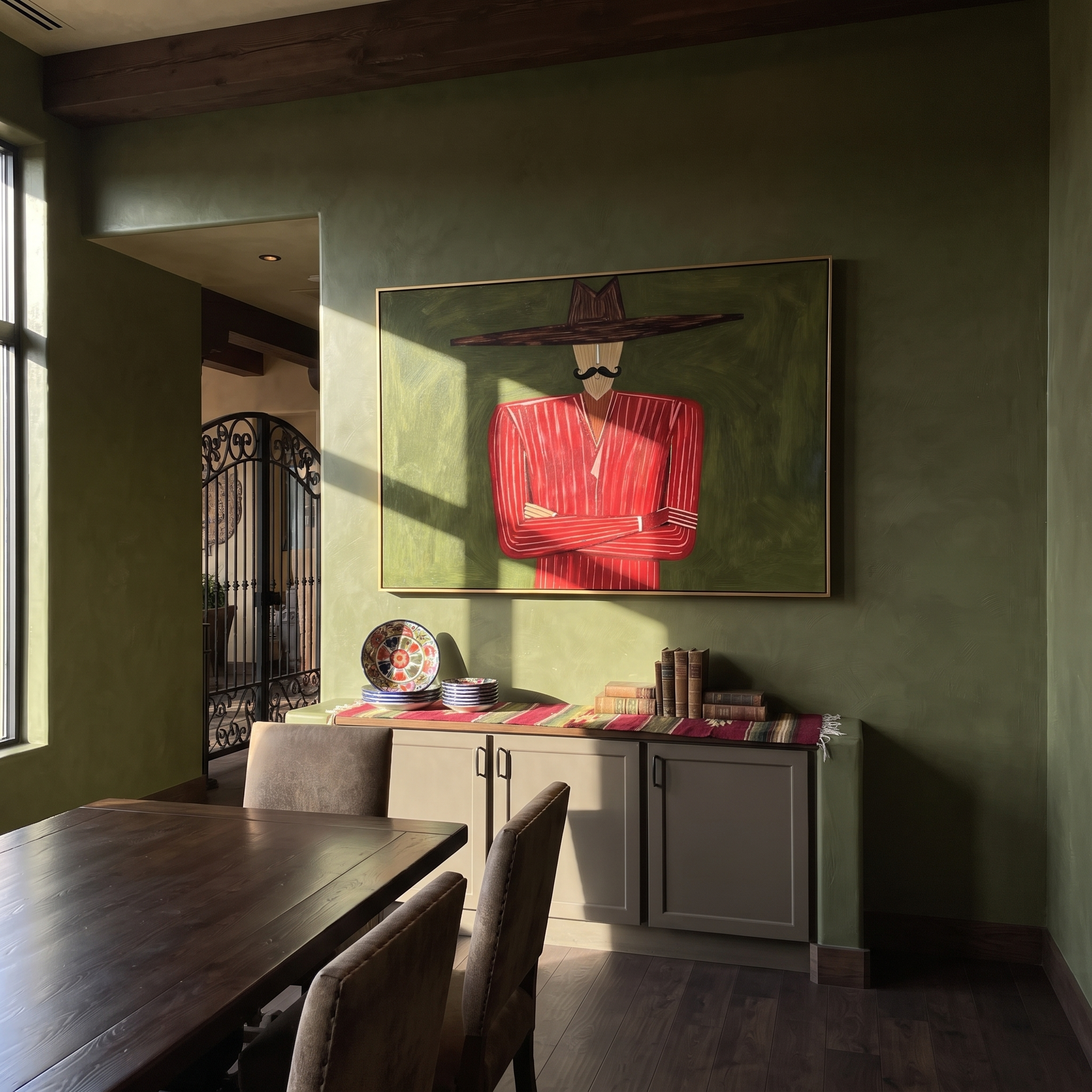 Scarlet Arms Hold Olive displayed as a modern room focal point