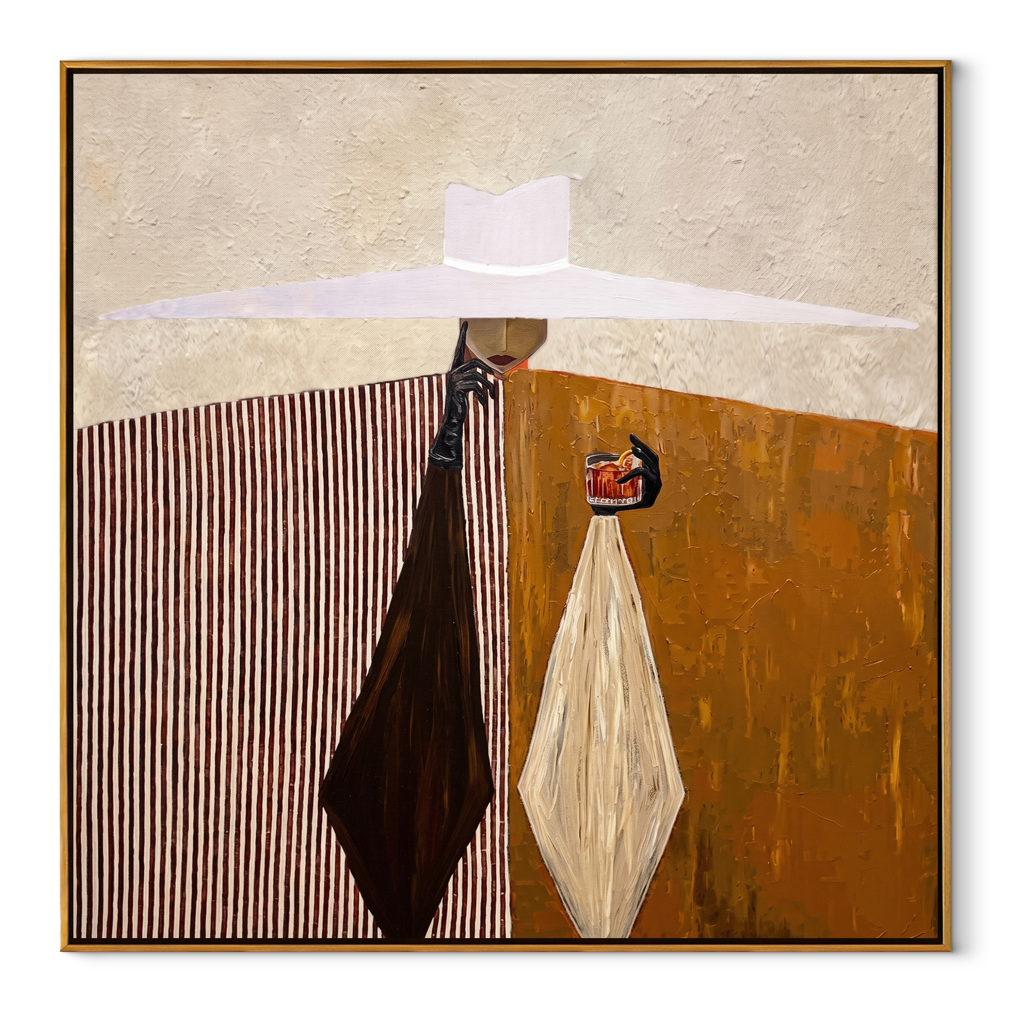 White Brim Serves Amber abstract figurative textured painting, square canvas artwork