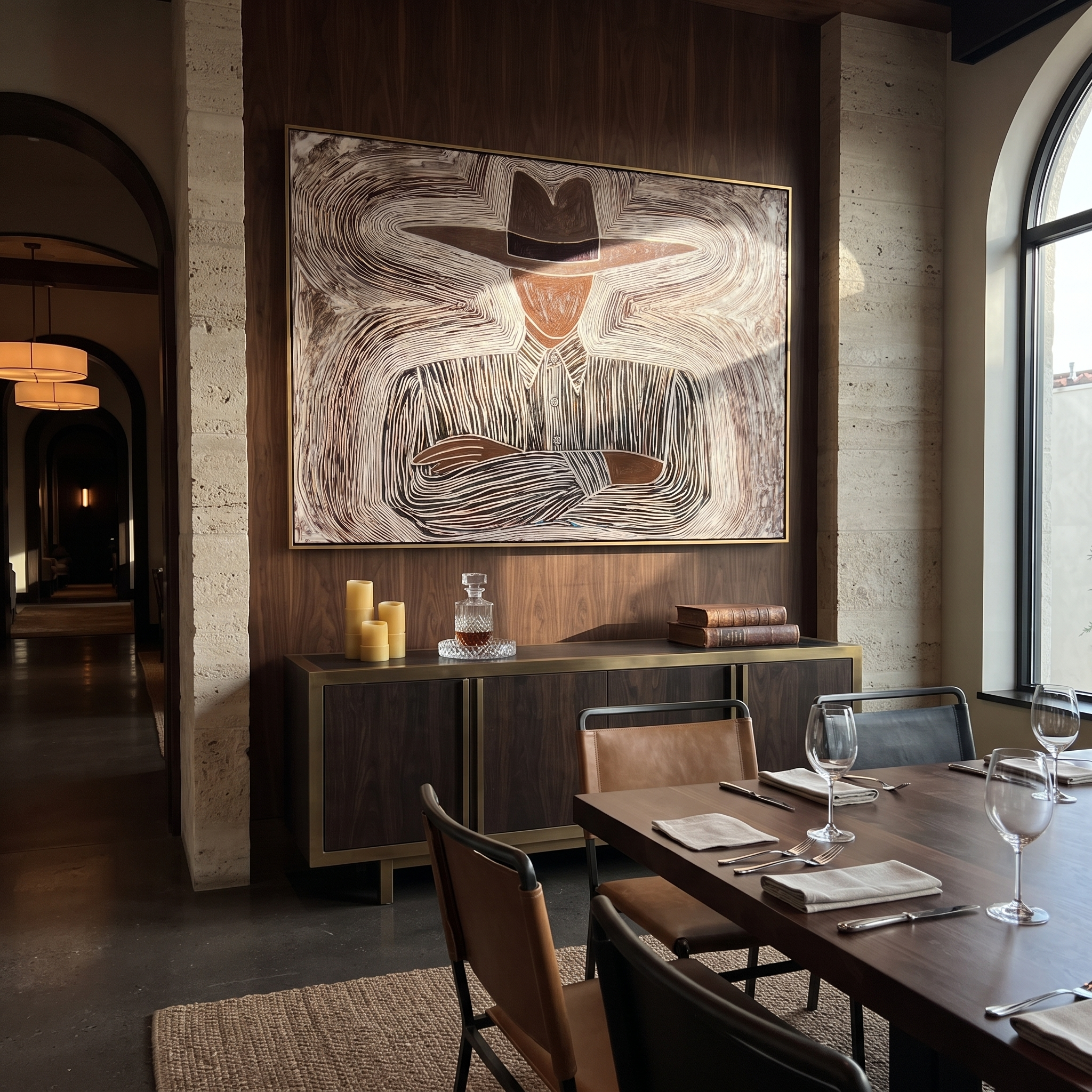 Brown Lines Rest Wide presented above a contemporary console