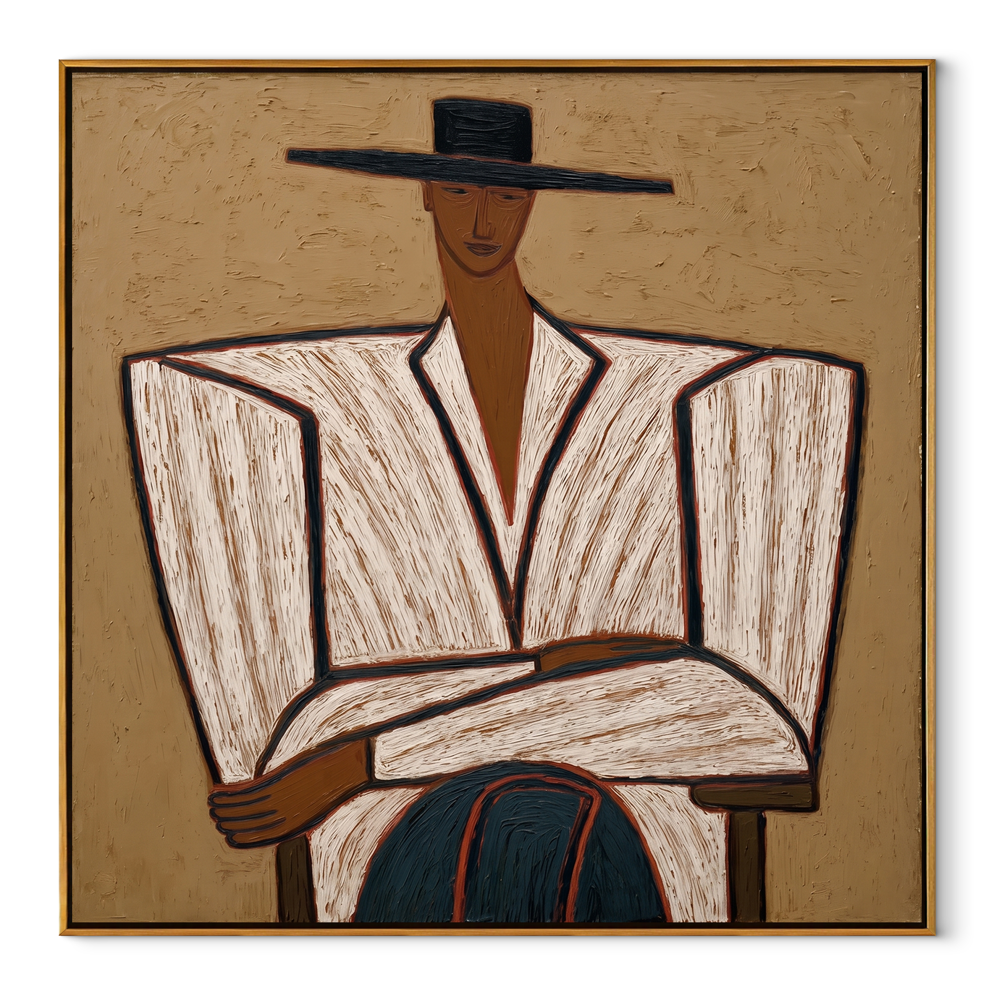 White Jacket Holds Center abstract figurative textured painting, square canvas artwork