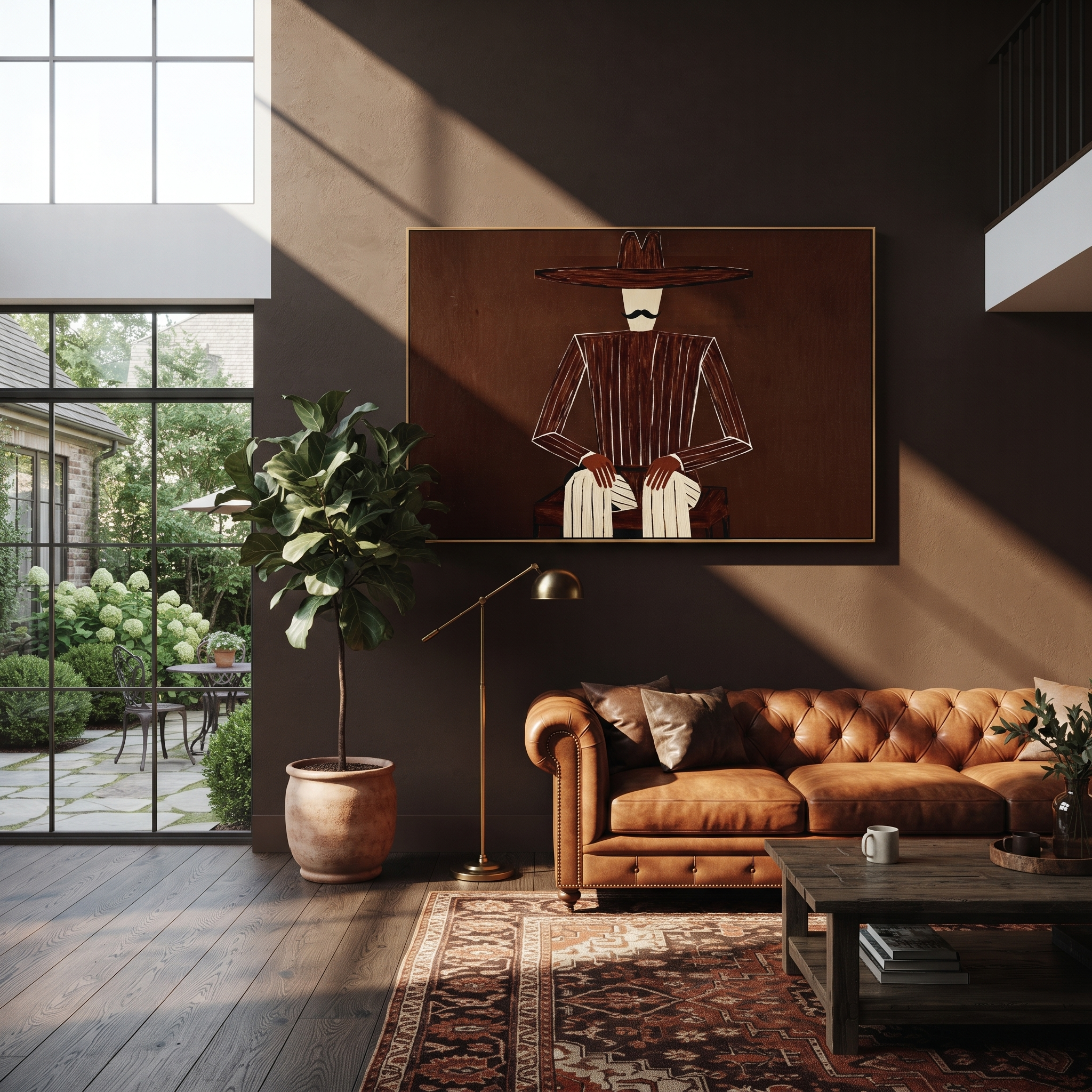 Dark Suit Waits Low styled in a layered residential interior