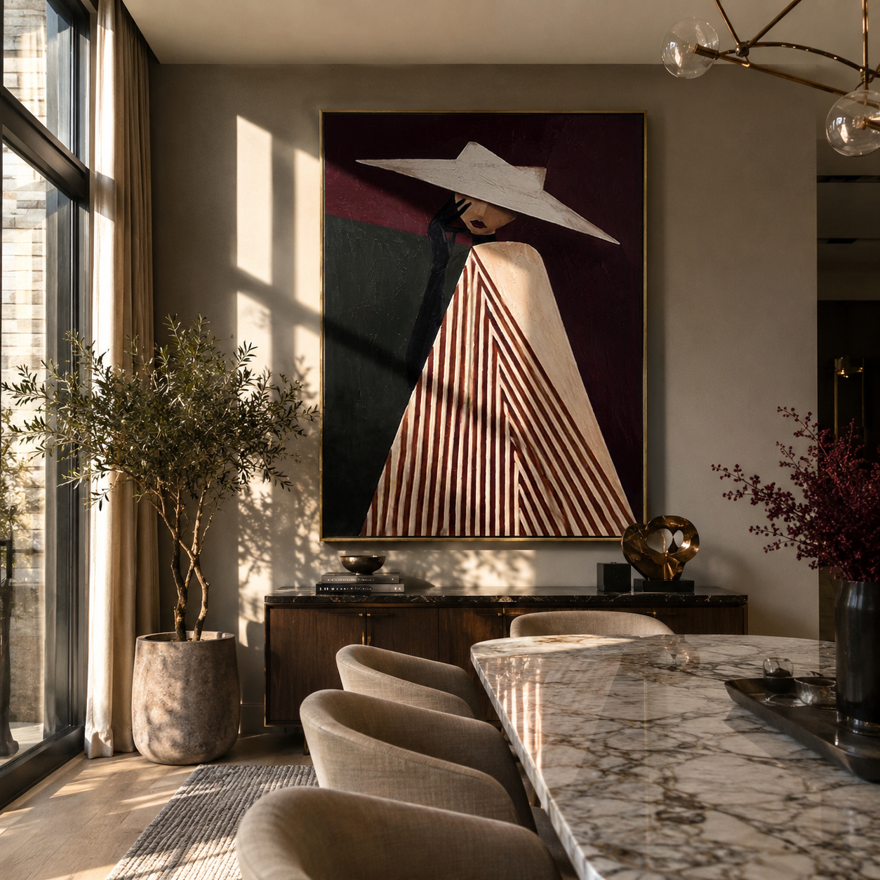 White Brim Splits Burgundy displayed in a warm contemporary interior
