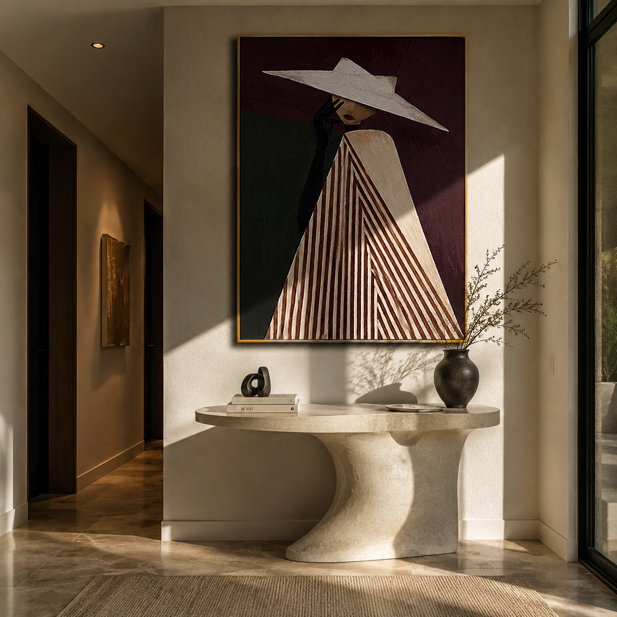 White Brim Splits Burgundy presented above a contemporary console