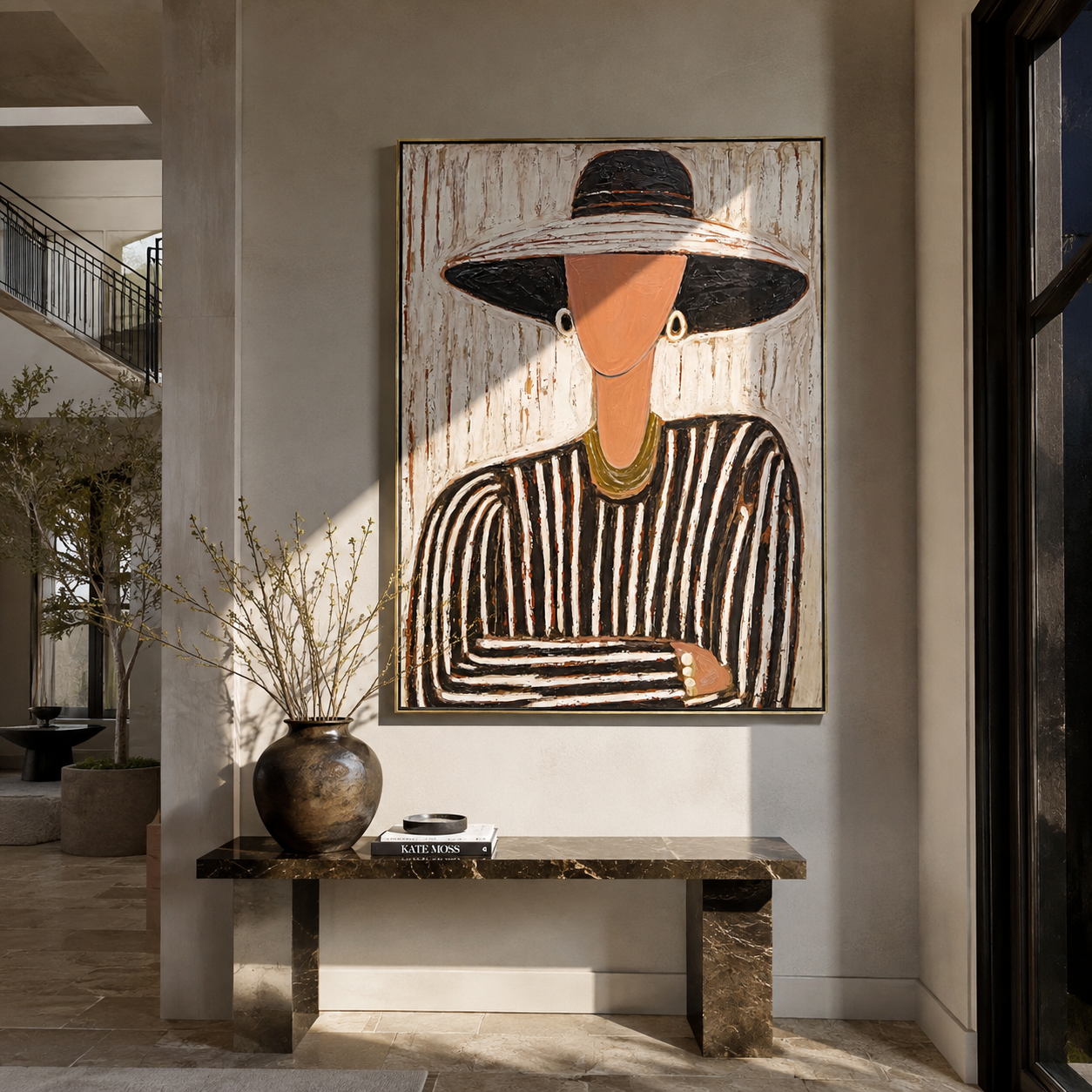 Black Brim Meets Rose displayed in a warm contemporary interior