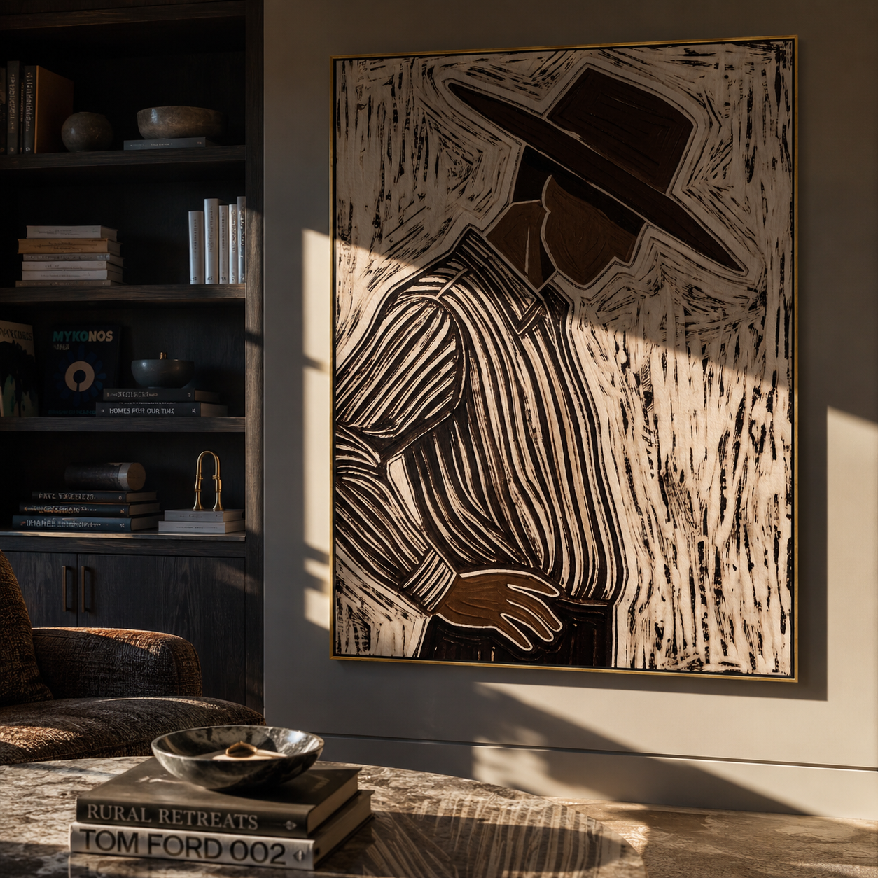 Brown Lines Turn Aside styled in a layered residential interior