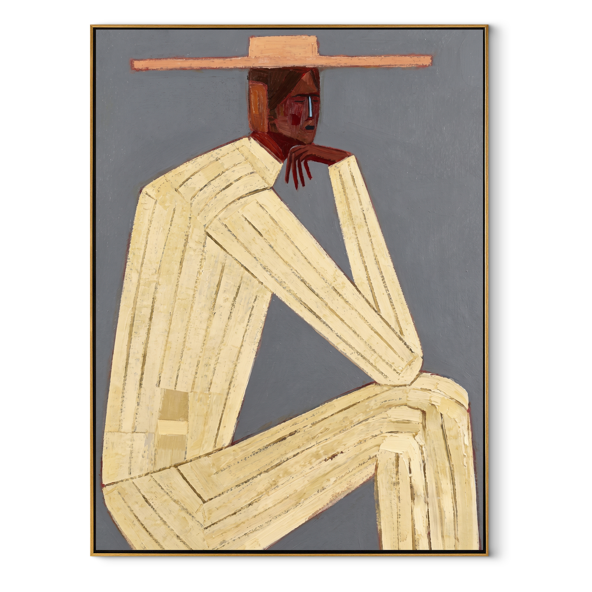 Cream Angles Bend Gray abstract figurative textured painting, vertical canvas artwork