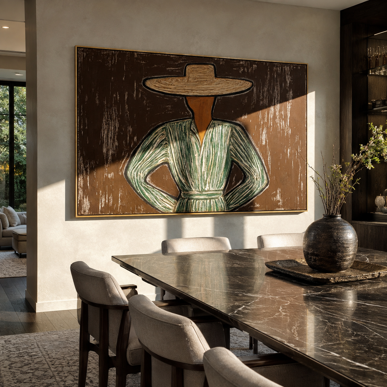 Green Lines Take Stance displayed in a warm contemporary interior