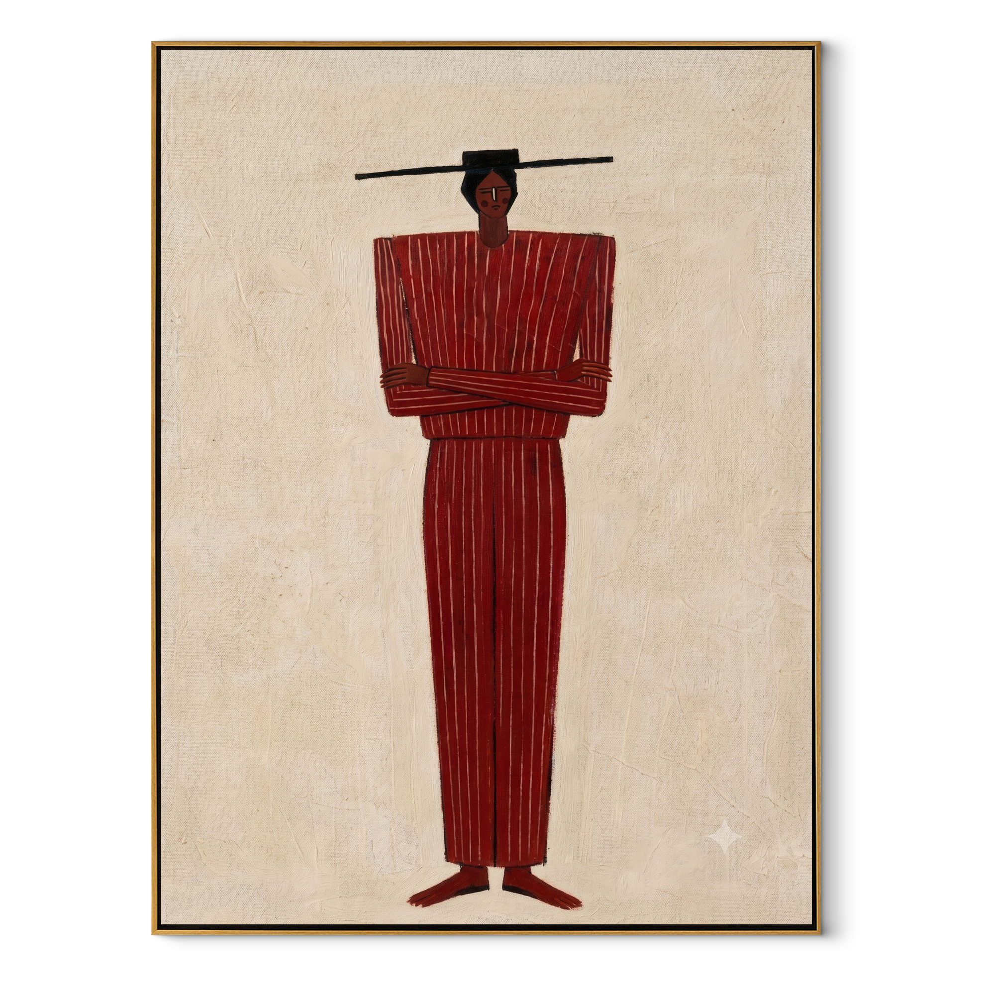 Red Column Holds Stars abstract figurative textured painting, vertical canvas artwork