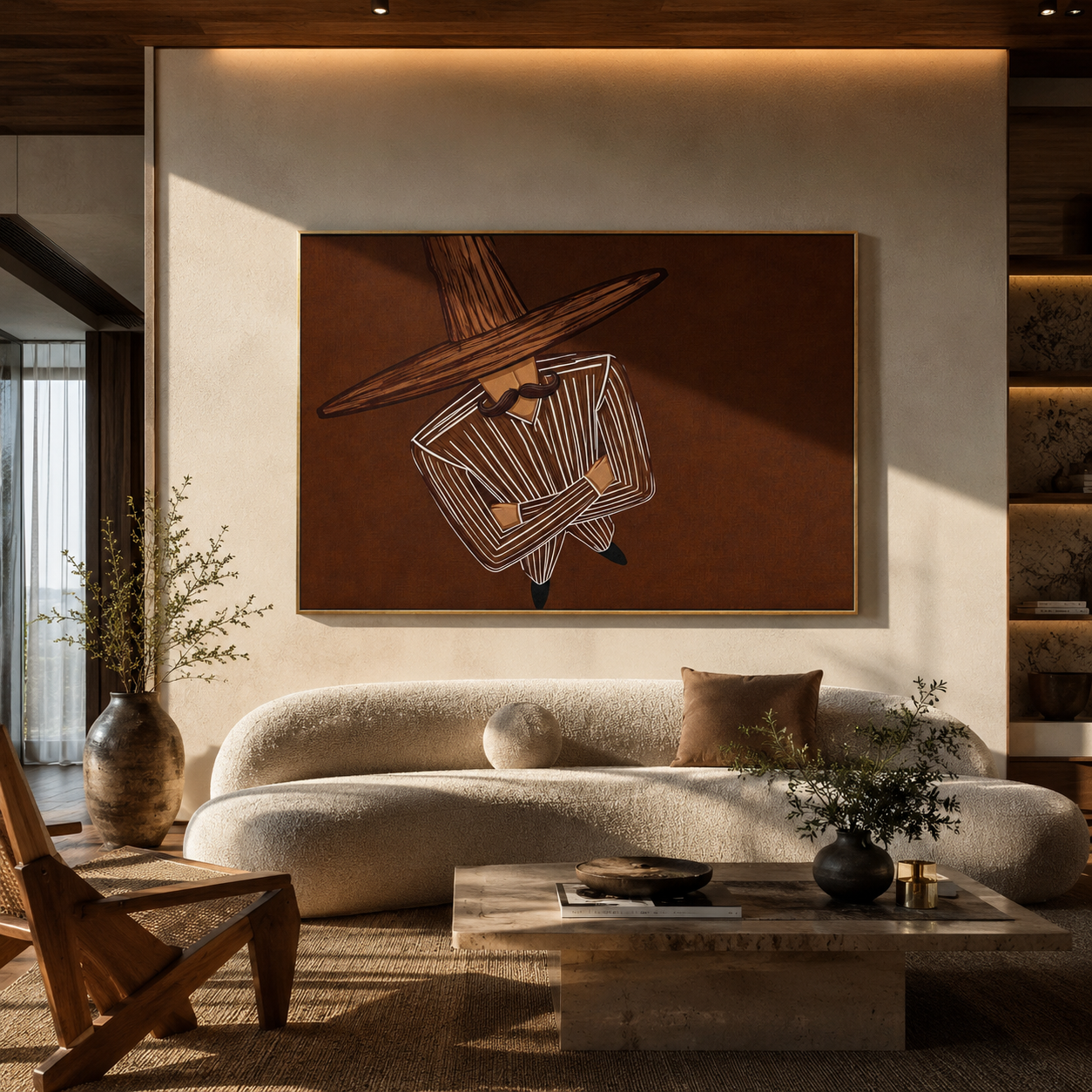 Brown Orbit Turns Inward displayed in a warm contemporary interior