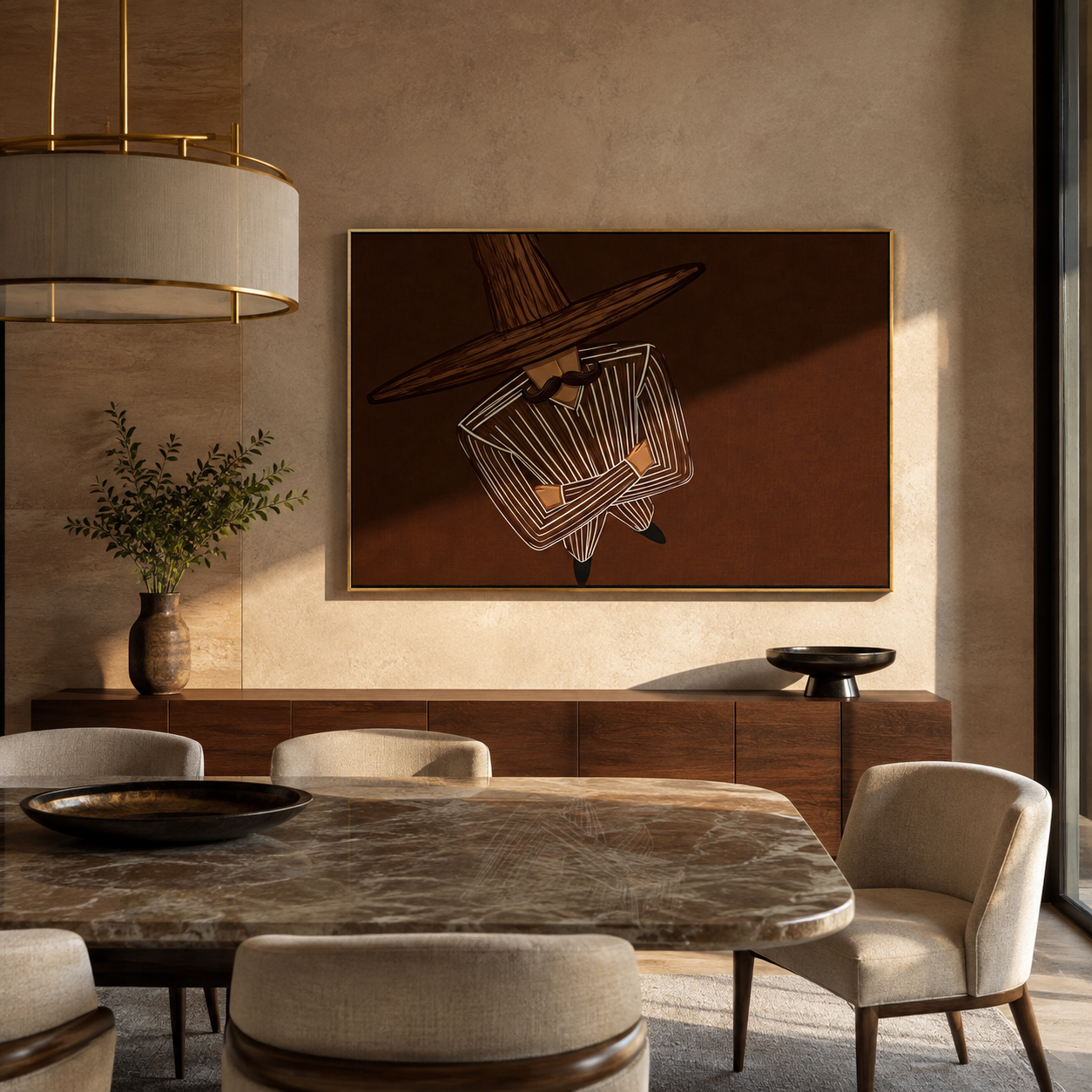 Brown Orbit Turns Inward presented above a contemporary console