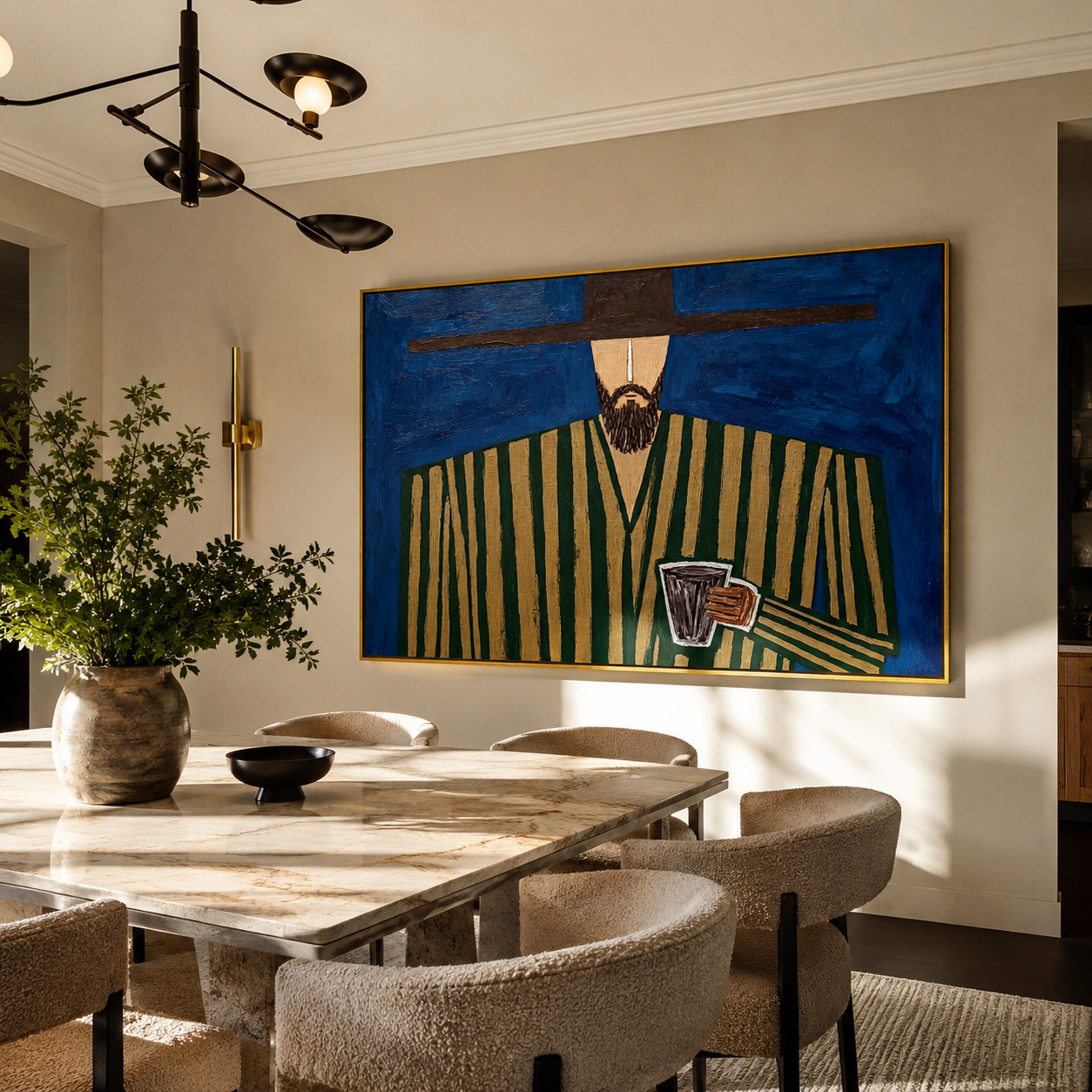 Blue Hour Holds Coffee styled with neutral modern furnishings