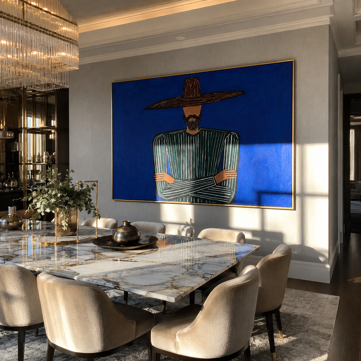Green Silence Meets Cobalt displayed in a warm contemporary interior