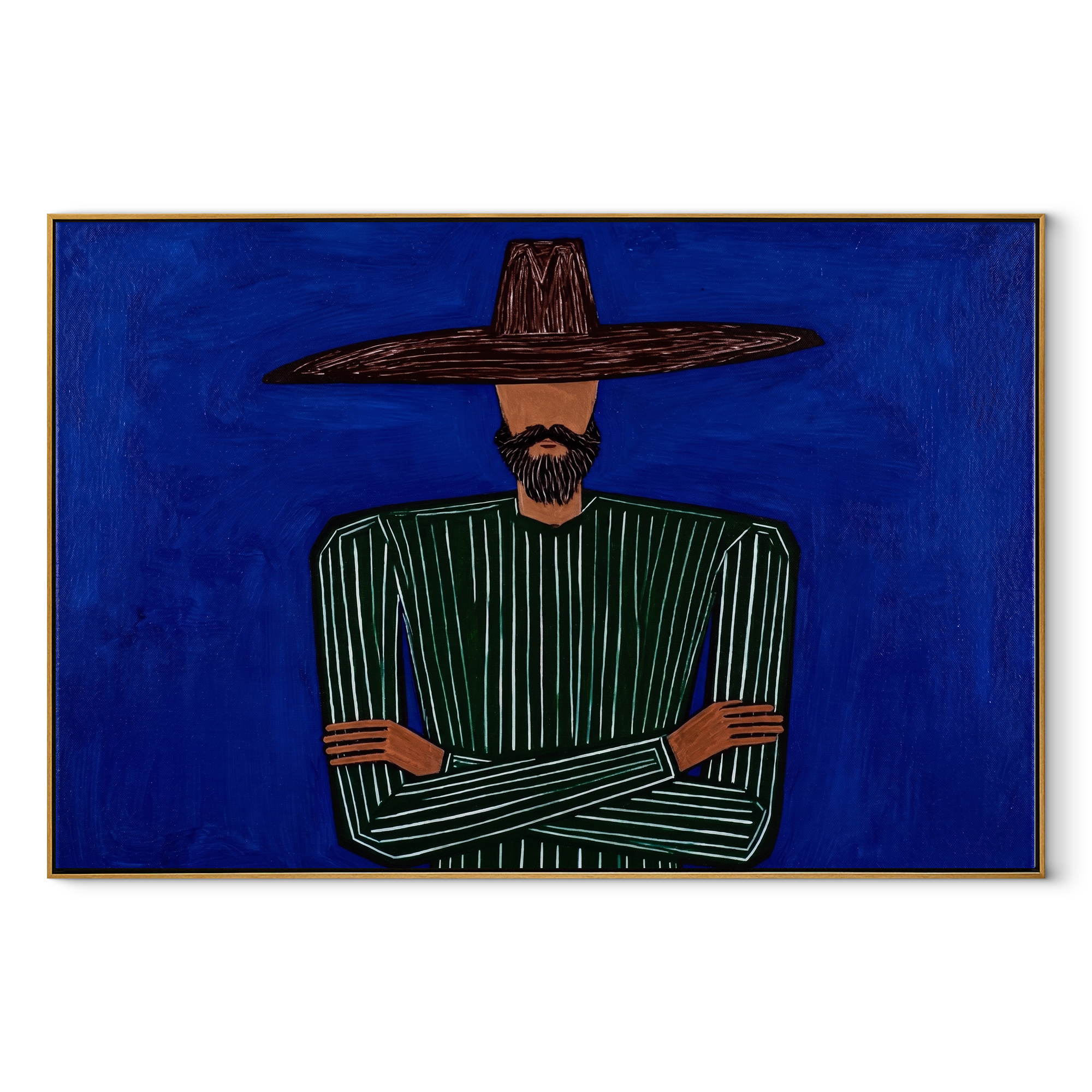 Green Silence Meets Cobalt abstract figurative textured painting, horizontal canvas artwork