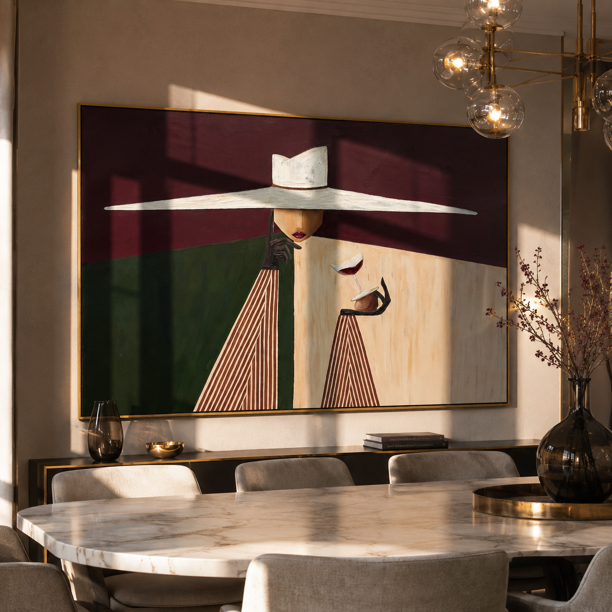 White Brim Serves Burgundy styled with neutral modern furnishings
