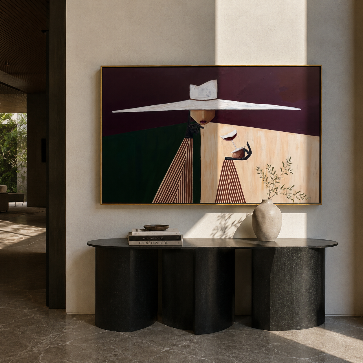 White Brim Serves Burgundy presented above a contemporary console