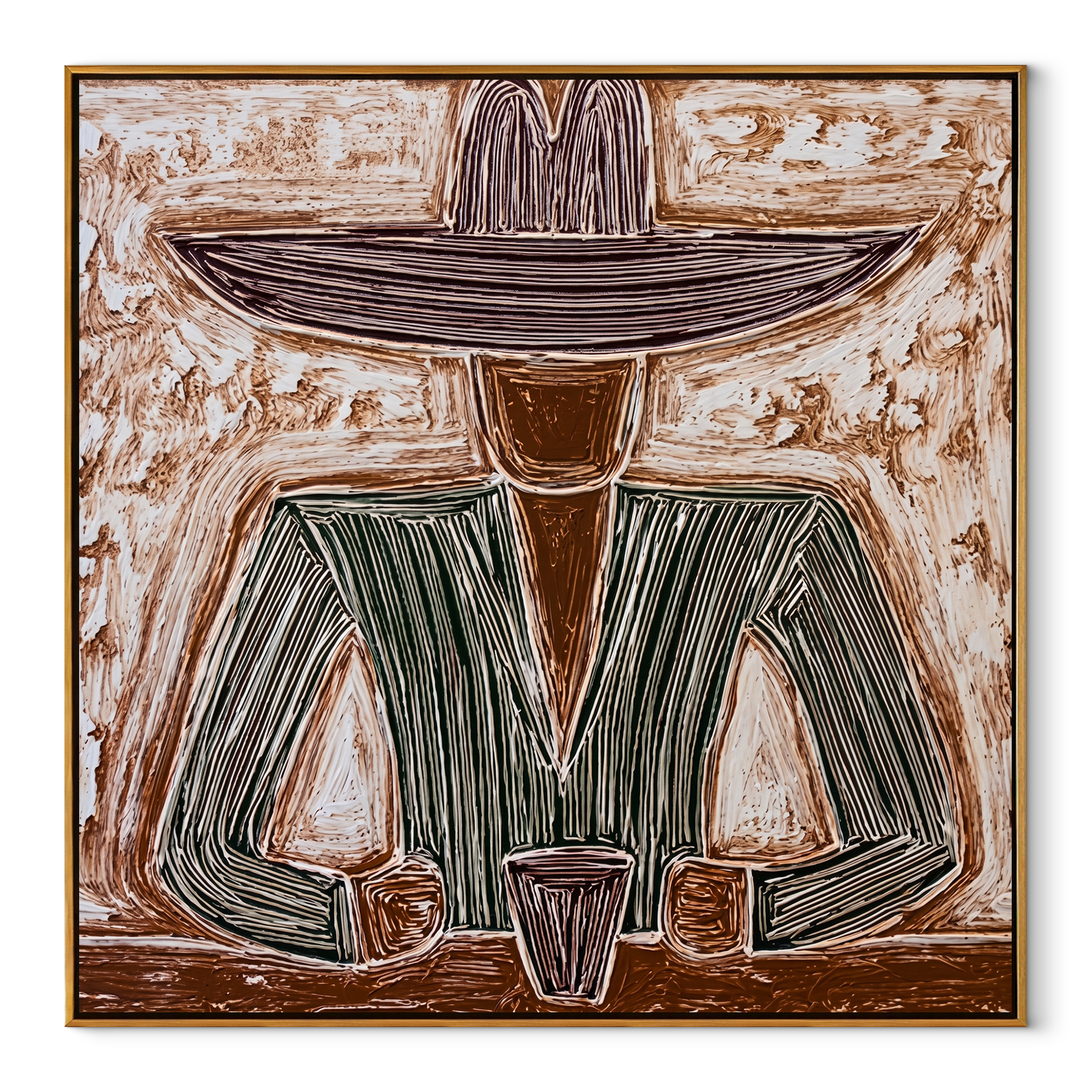 Etched Green Holds Coffee abstract figurative textured painting, square canvas artwork
