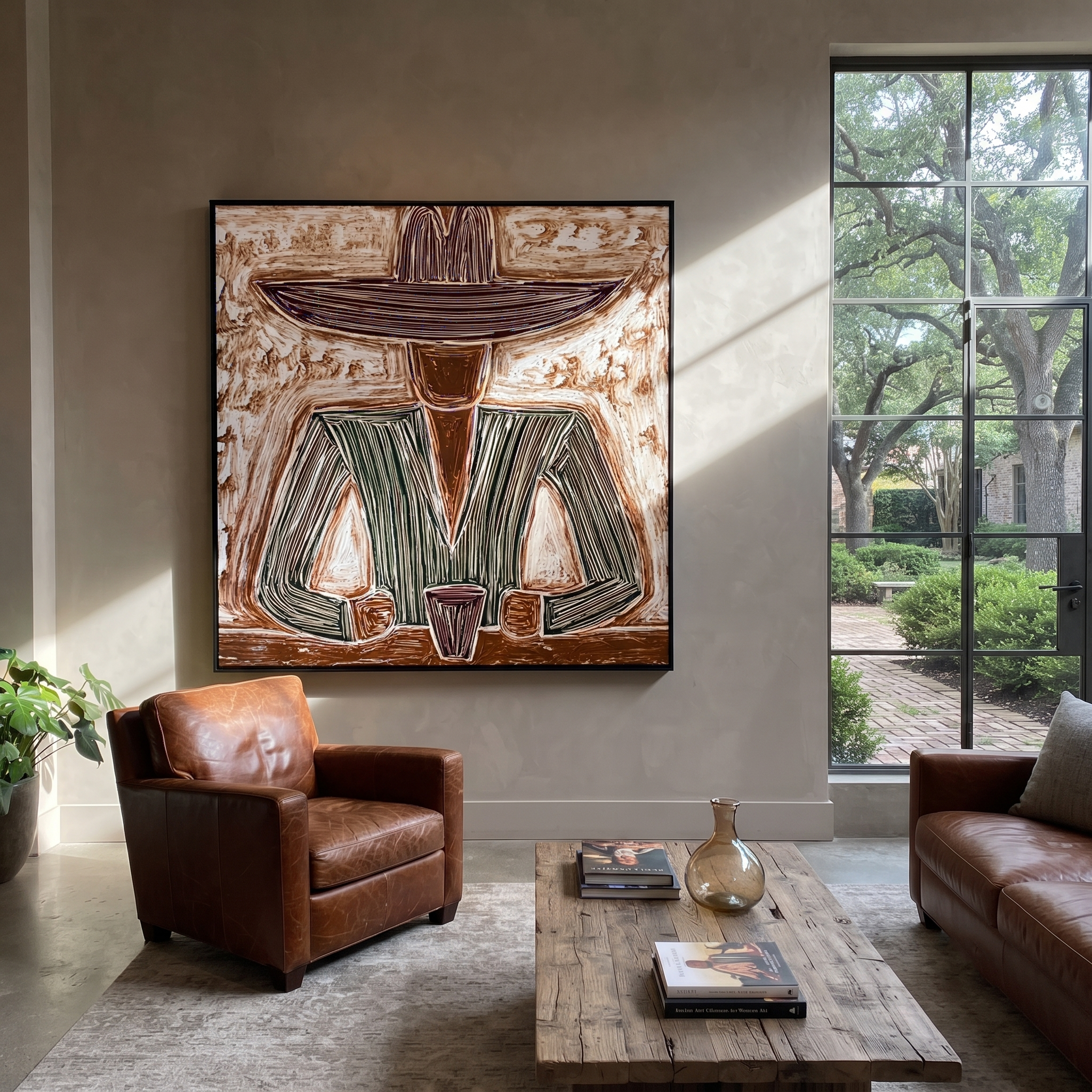 Etched Green Holds Coffee styled with neutral modern furnishings