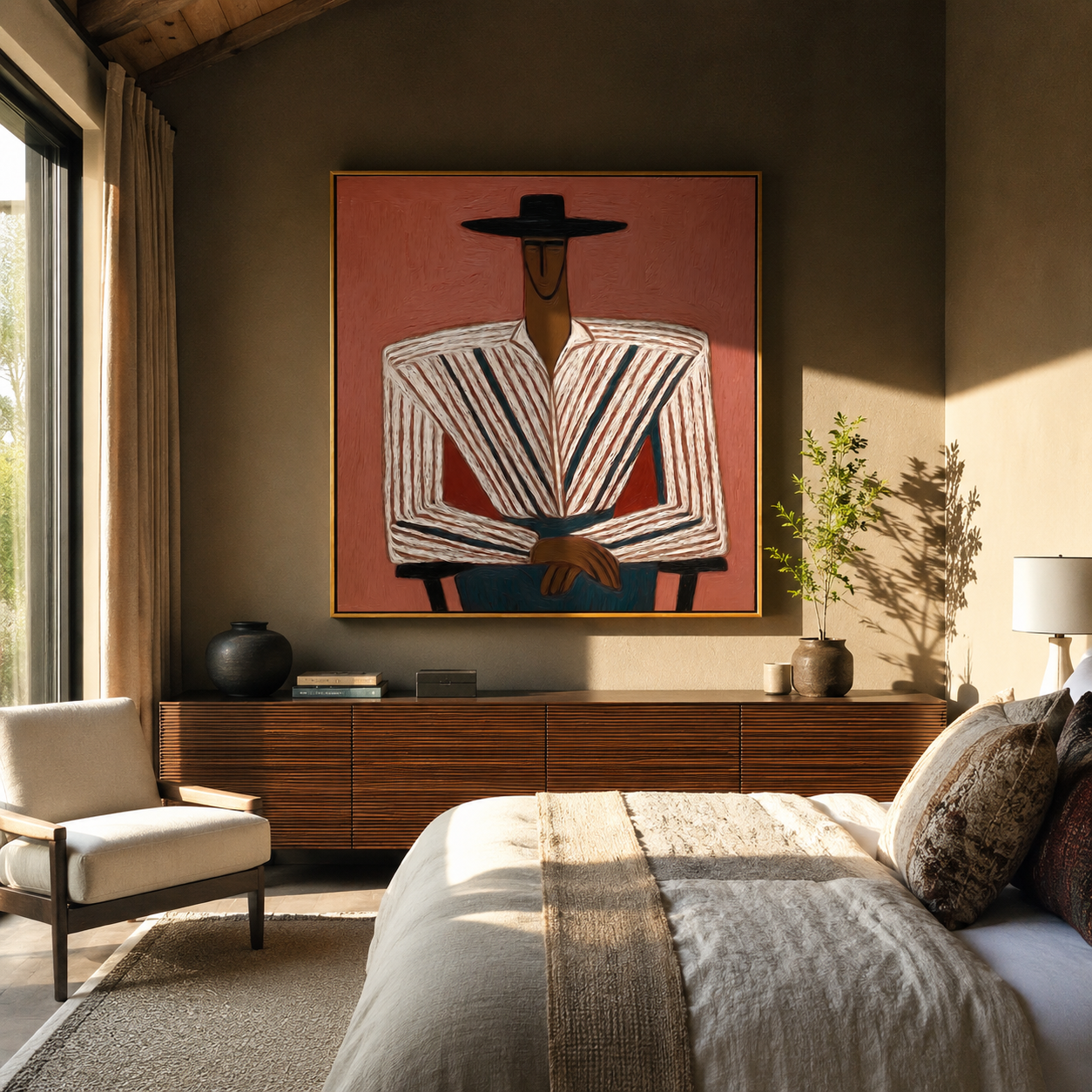 Rose Wall Frames Stripes presented above a contemporary console