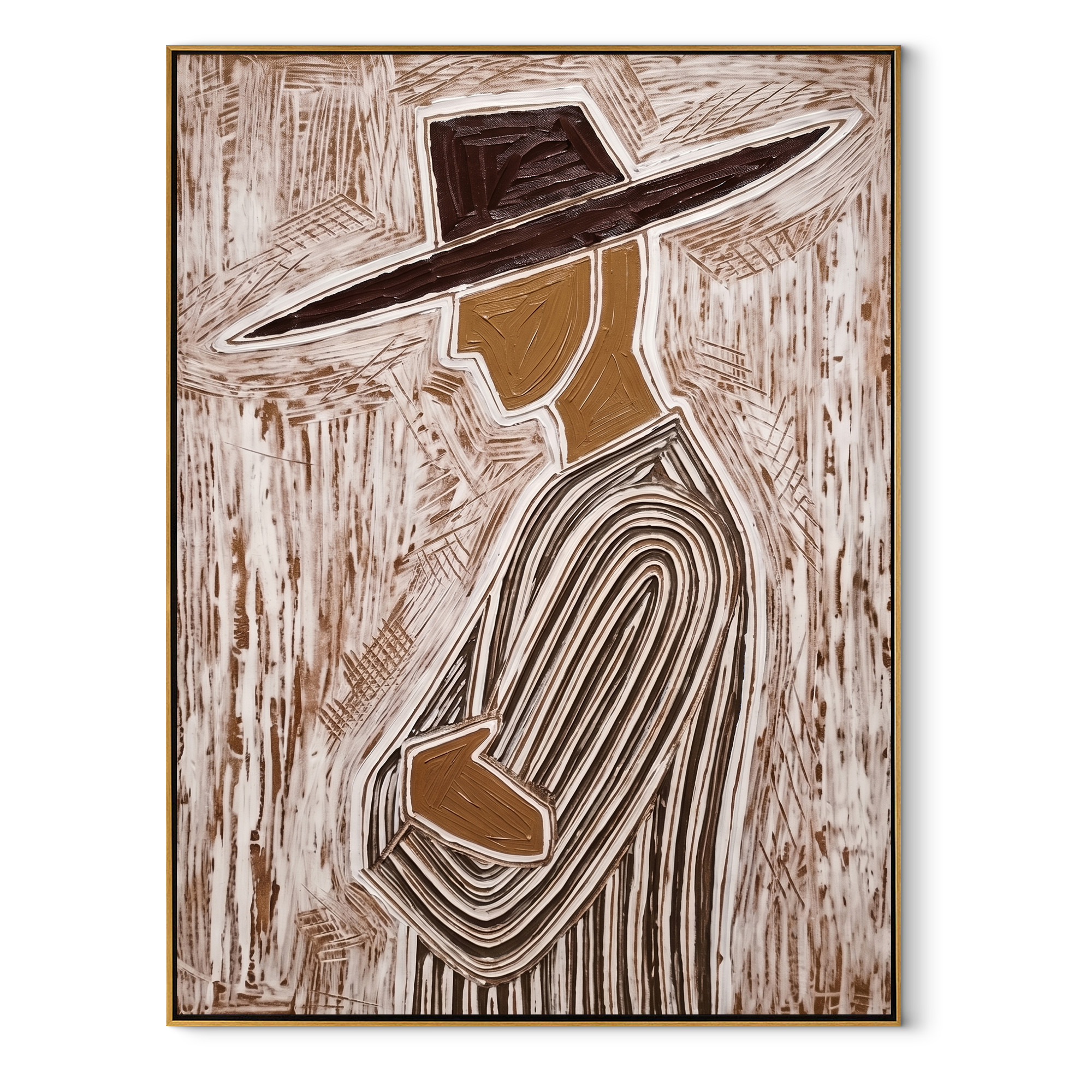 Brown Lines Walk Sideways abstract figurative textured painting, vertical canvas artwork