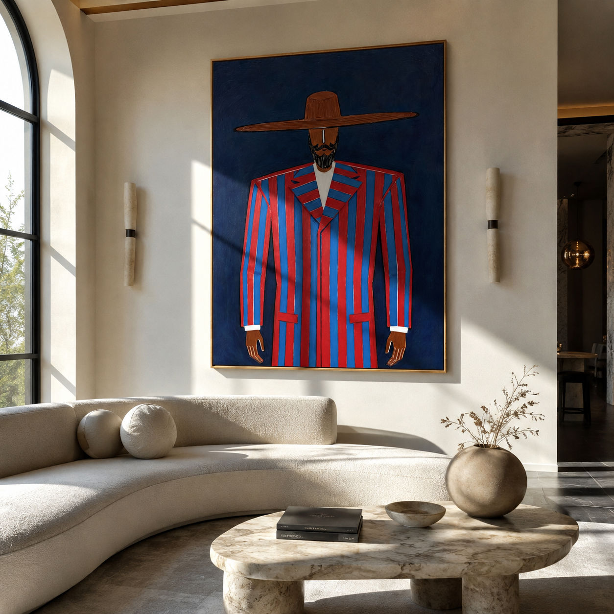 Scarlet Suit Meets Cobalt displayed in a warm contemporary interior