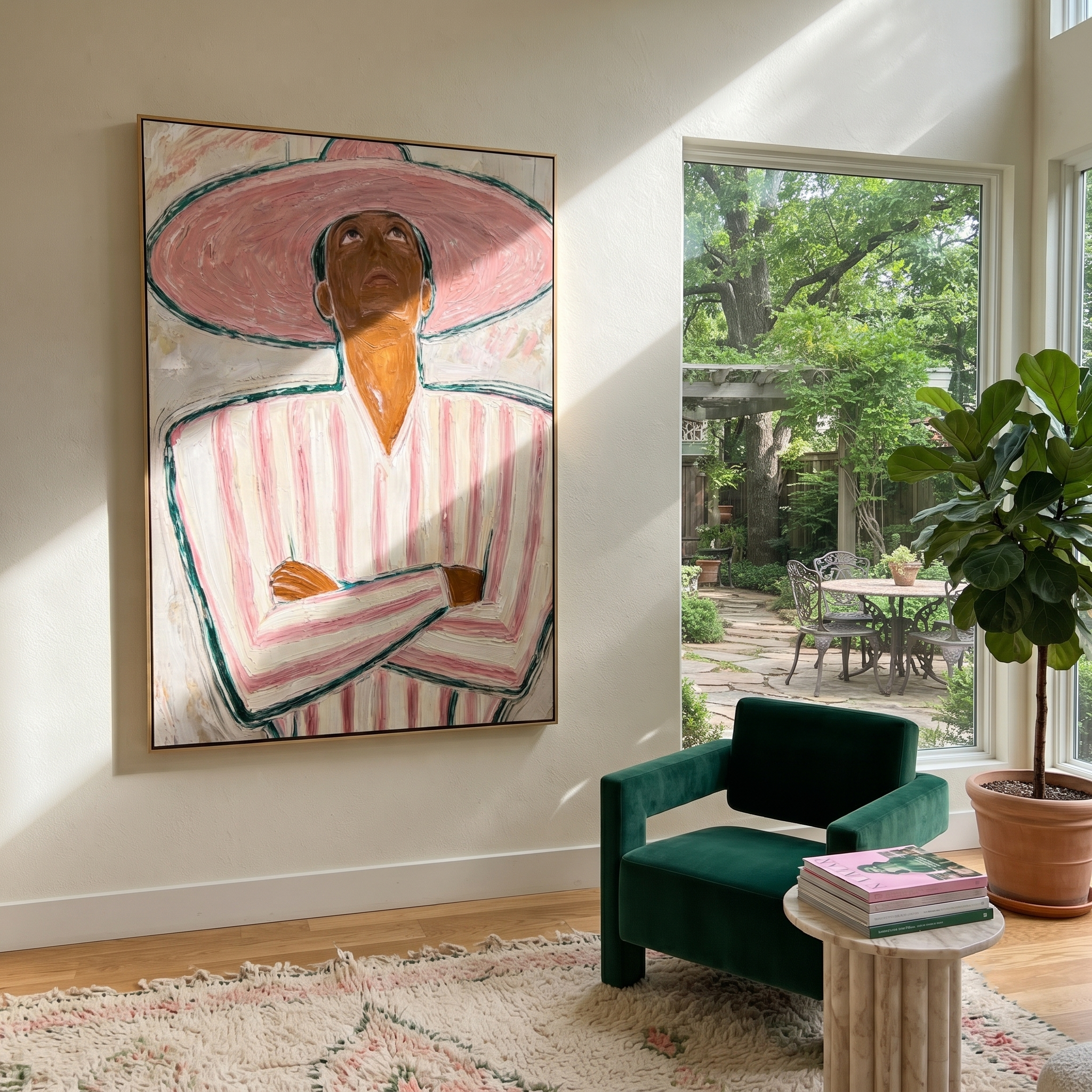 Pink Halo Looks Upward displayed in a warm contemporary interior