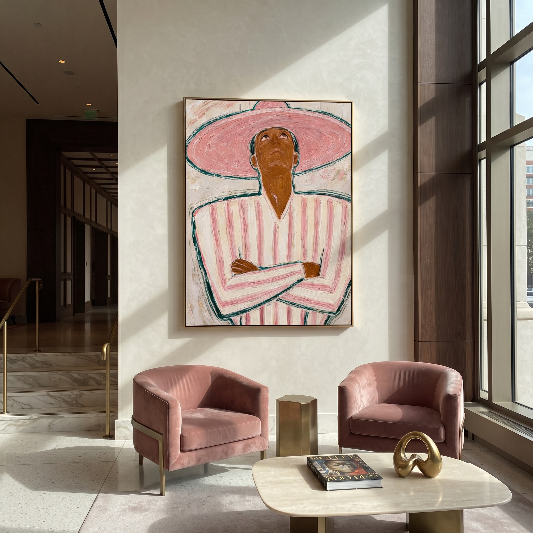 Pink Halo Looks Upward styled with neutral modern furnishings