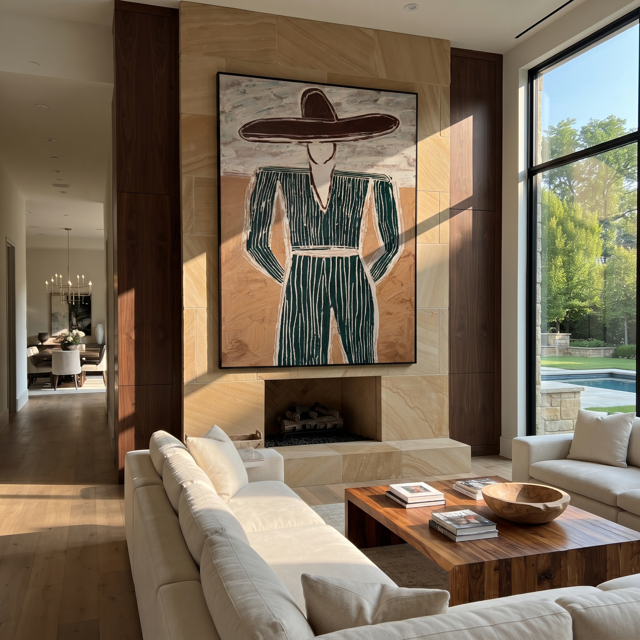 Green Pinstripes Face Sand displayed in a warm contemporary interior