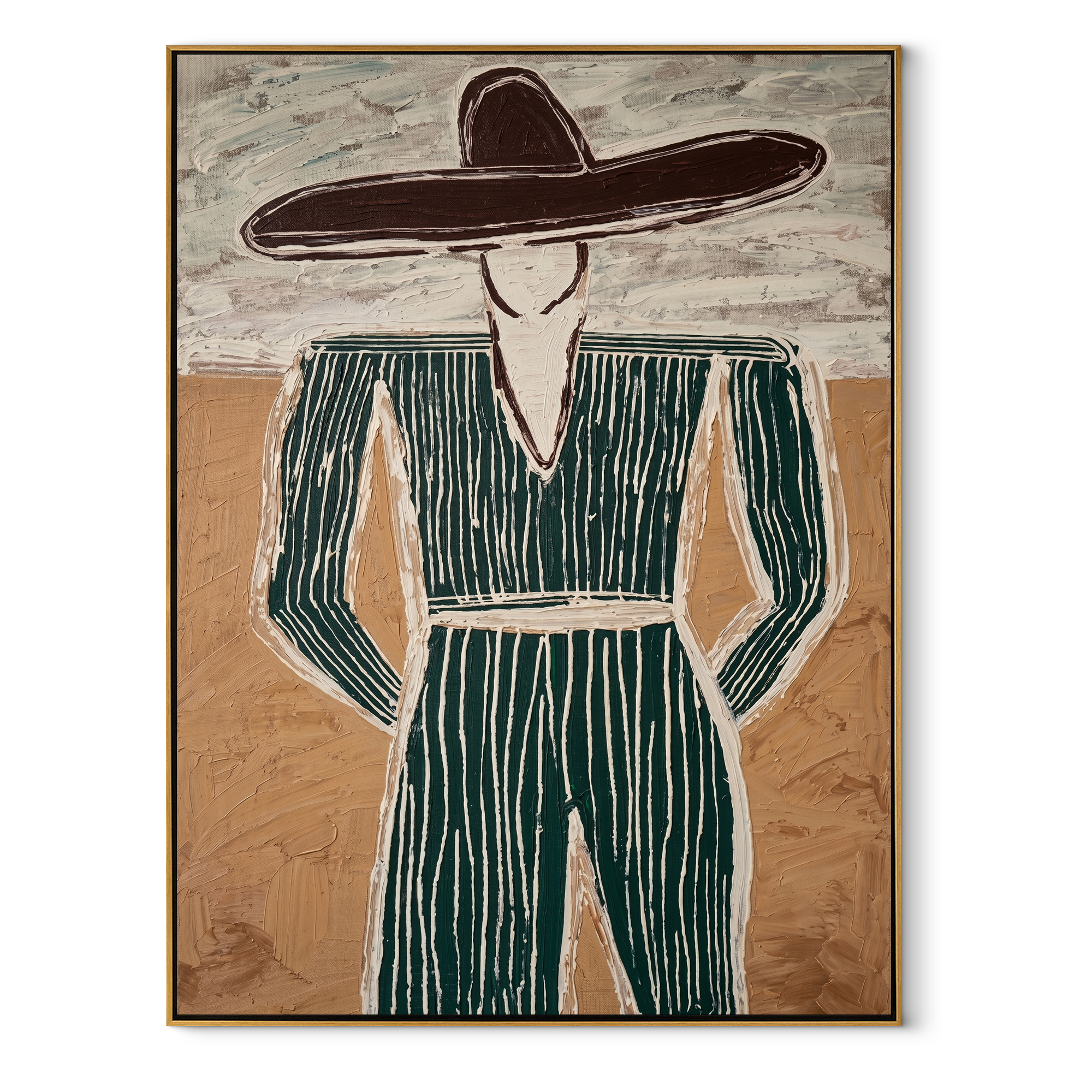 Green Pinstripes Face Sand abstract figurative textured painting, vertical canvas artwork