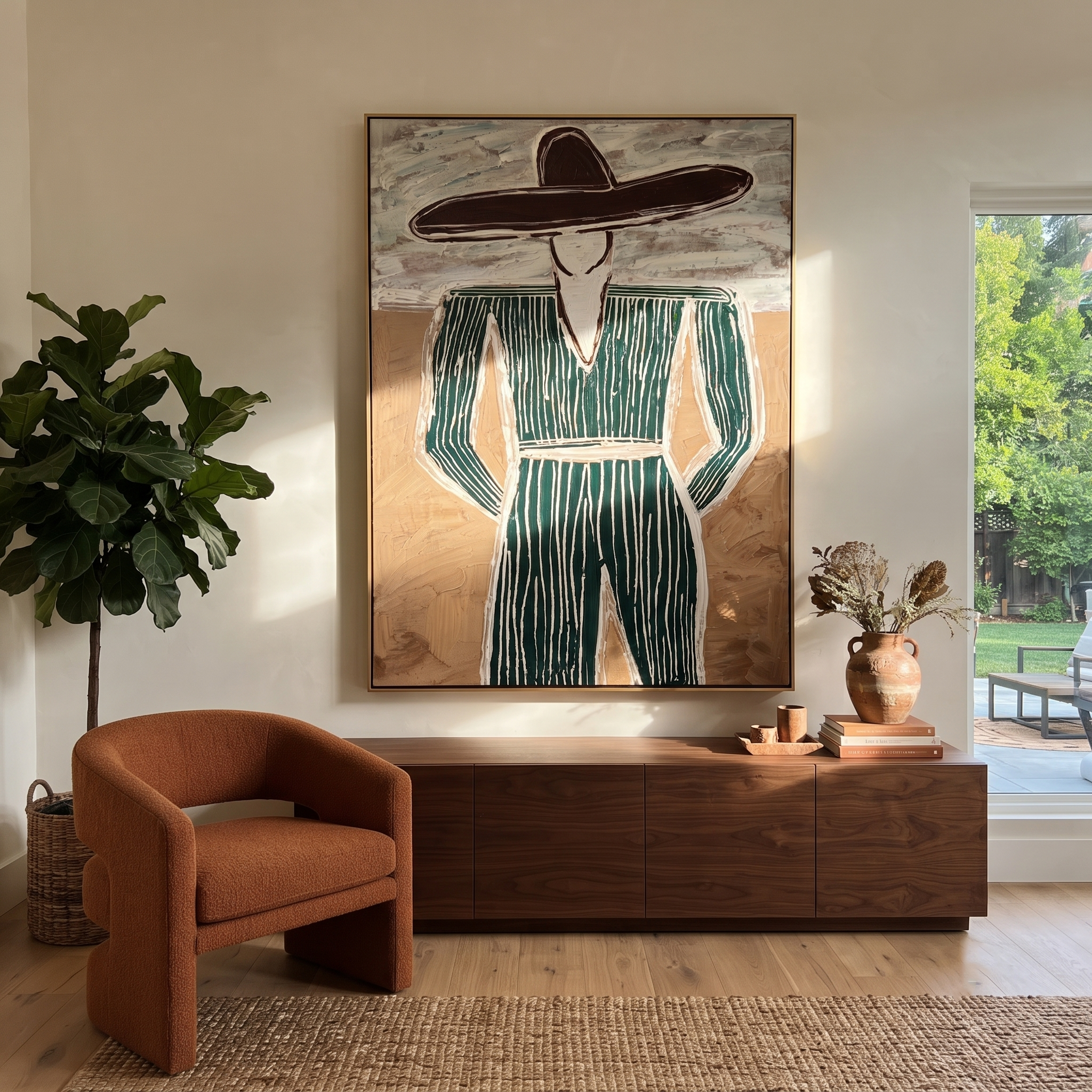 Green Pinstripes Face Sand styled with neutral modern furnishings