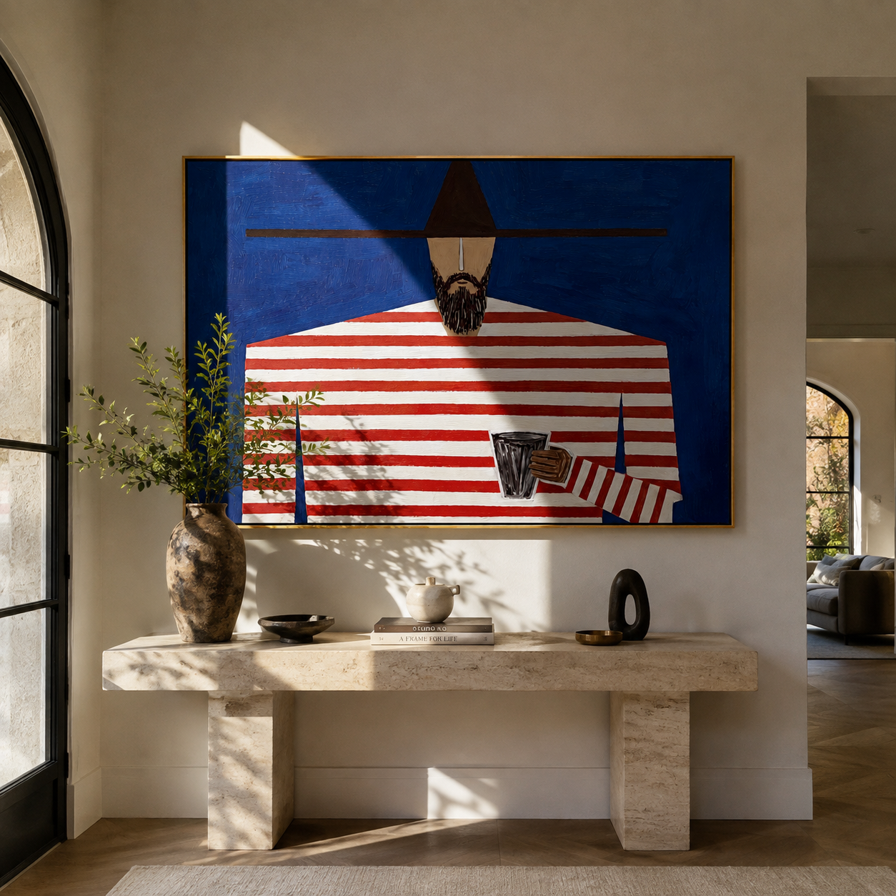 Red Waves Cross Blue styled with neutral modern furnishings