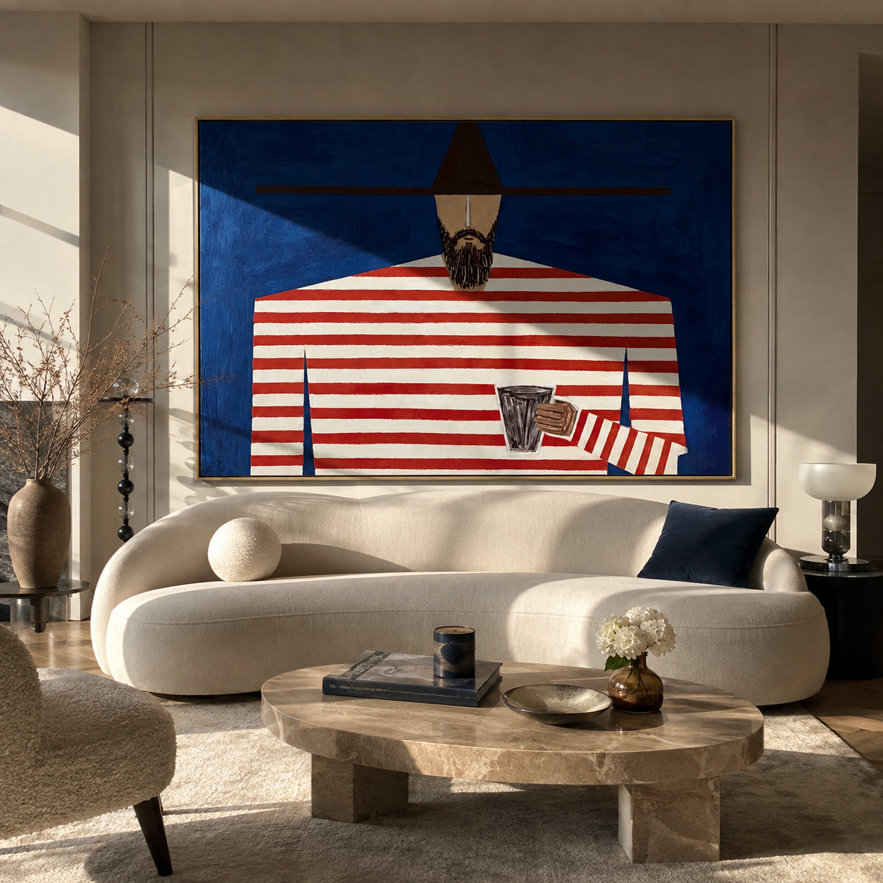 Red Waves Cross Blue styled in a layered residential interior