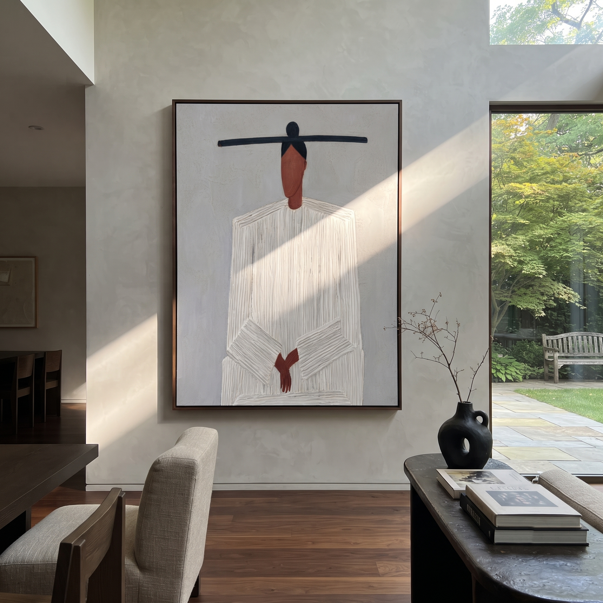 White Lines Gather Low styled with neutral modern furnishings