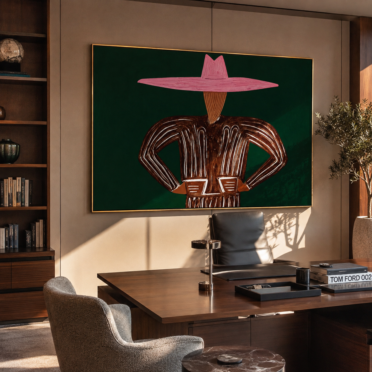 Pink Brim Holds Forest presented above a contemporary console