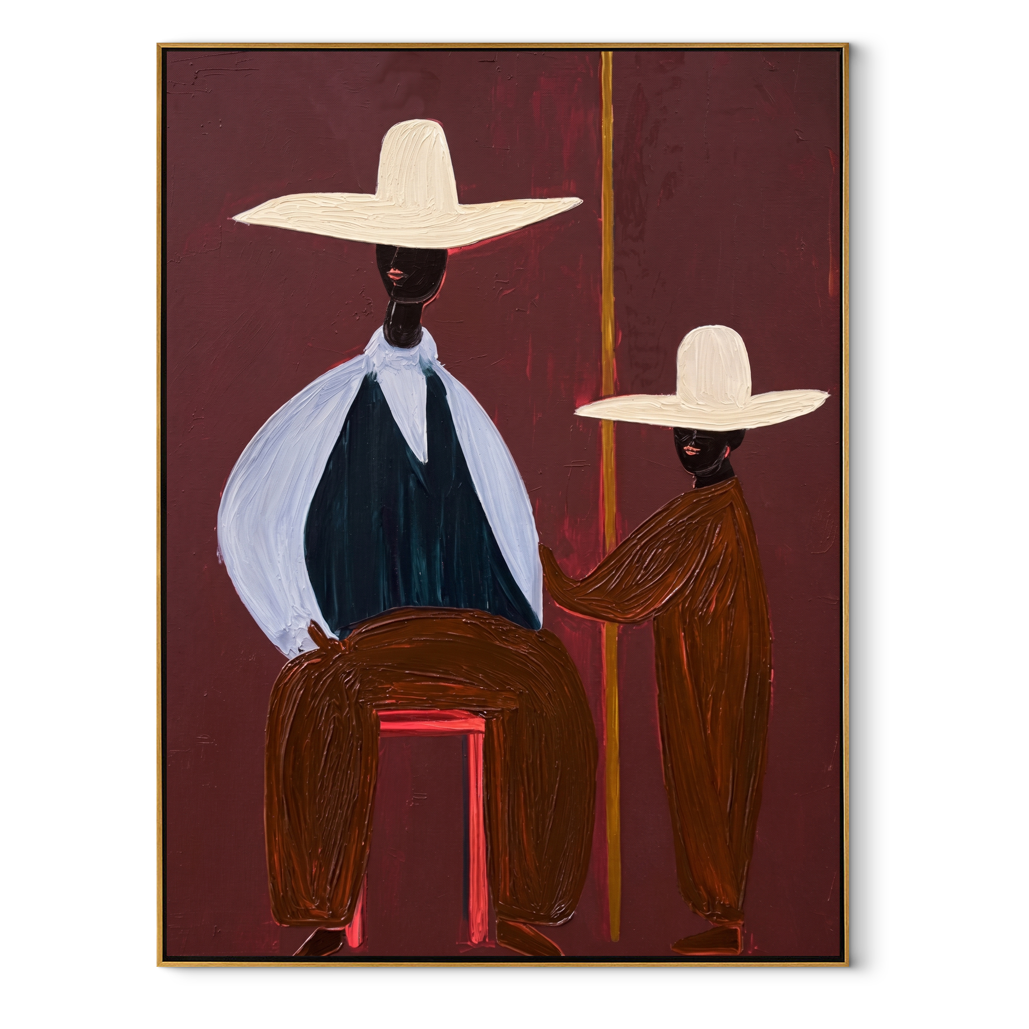 Two Brims Share Burgundy abstract figurative textured painting, vertical canvas artwork